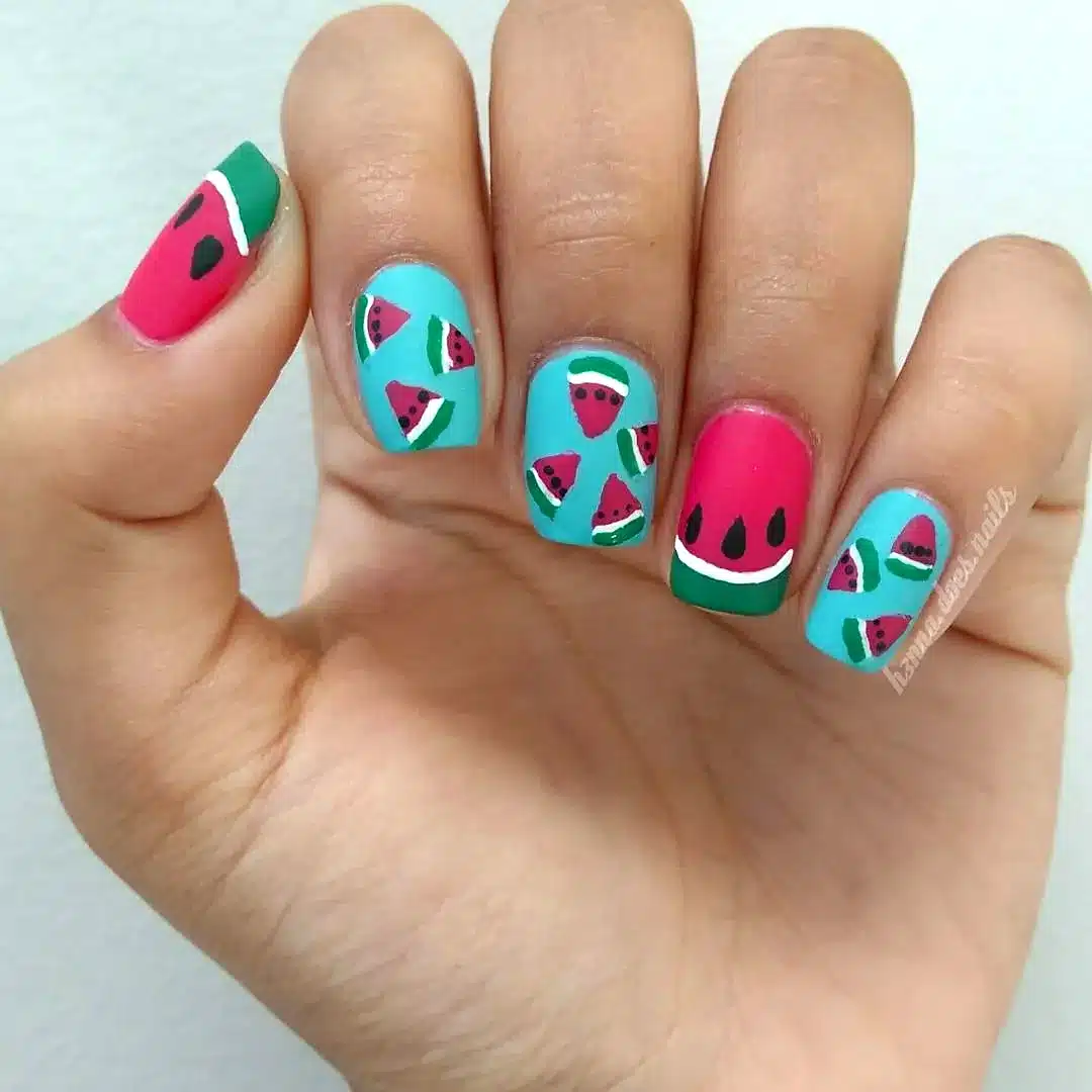 Adorable Oval Fruit Nail Designs with Vibrant Watermelon Art in Pink and Turquoise