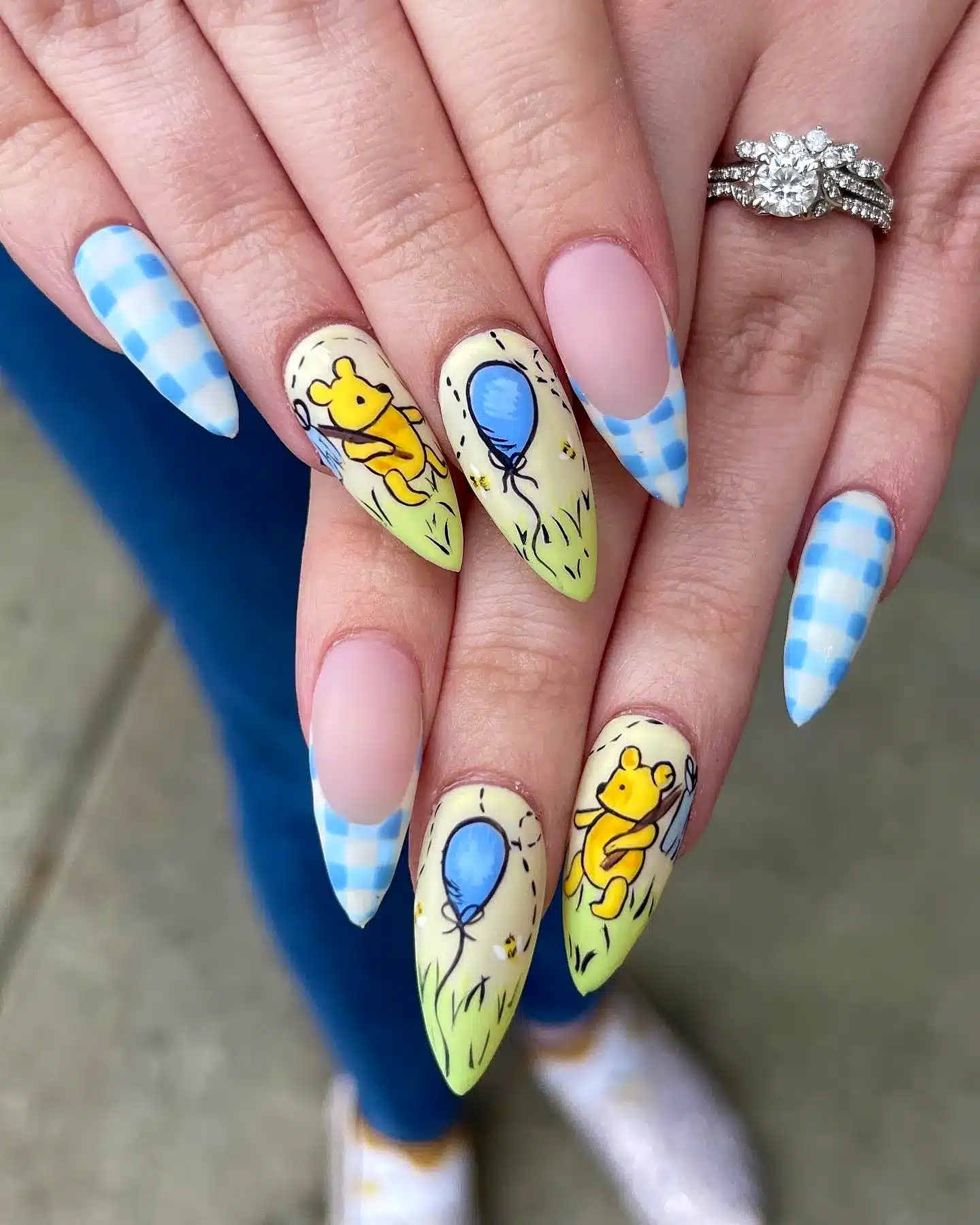 Adorable Stiletto Winnie the Pooh Nails with Pastel Colors Cute Teddy Bear Illustrations and Whimsical Gingham Tips