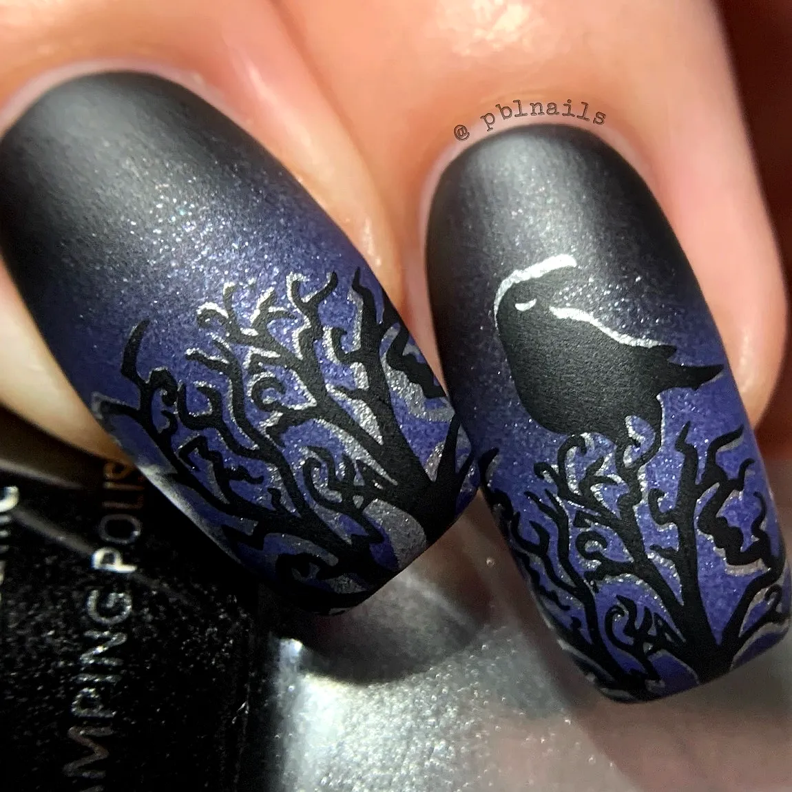 Artistic Elongated Matte Tree Nail Designs with Dark Blue to Purple Gradient and Nature-Inspired Accents