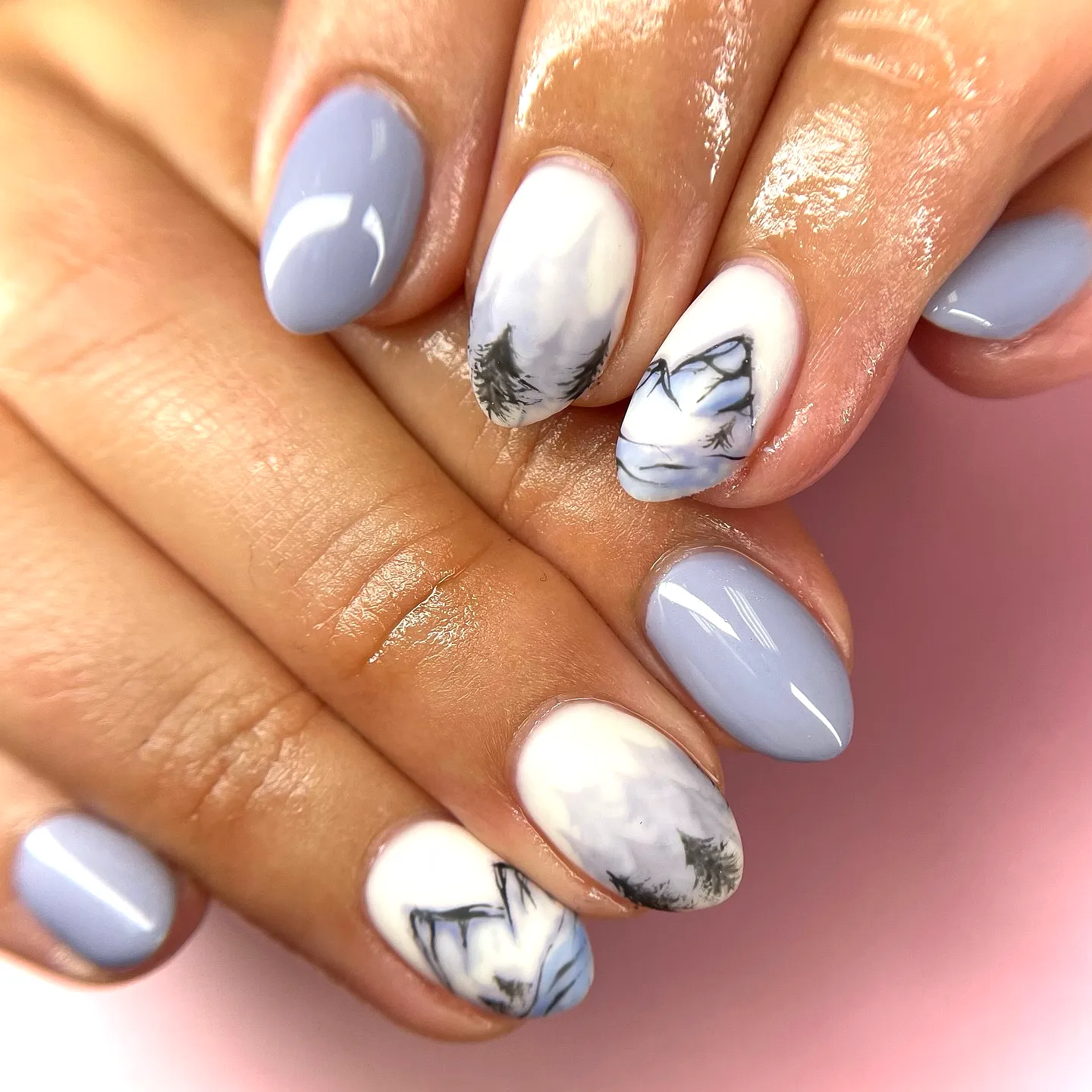 Charming Almond Shaped Mountain Nails with Lavender Base and Intricate Nature-Inspired Art