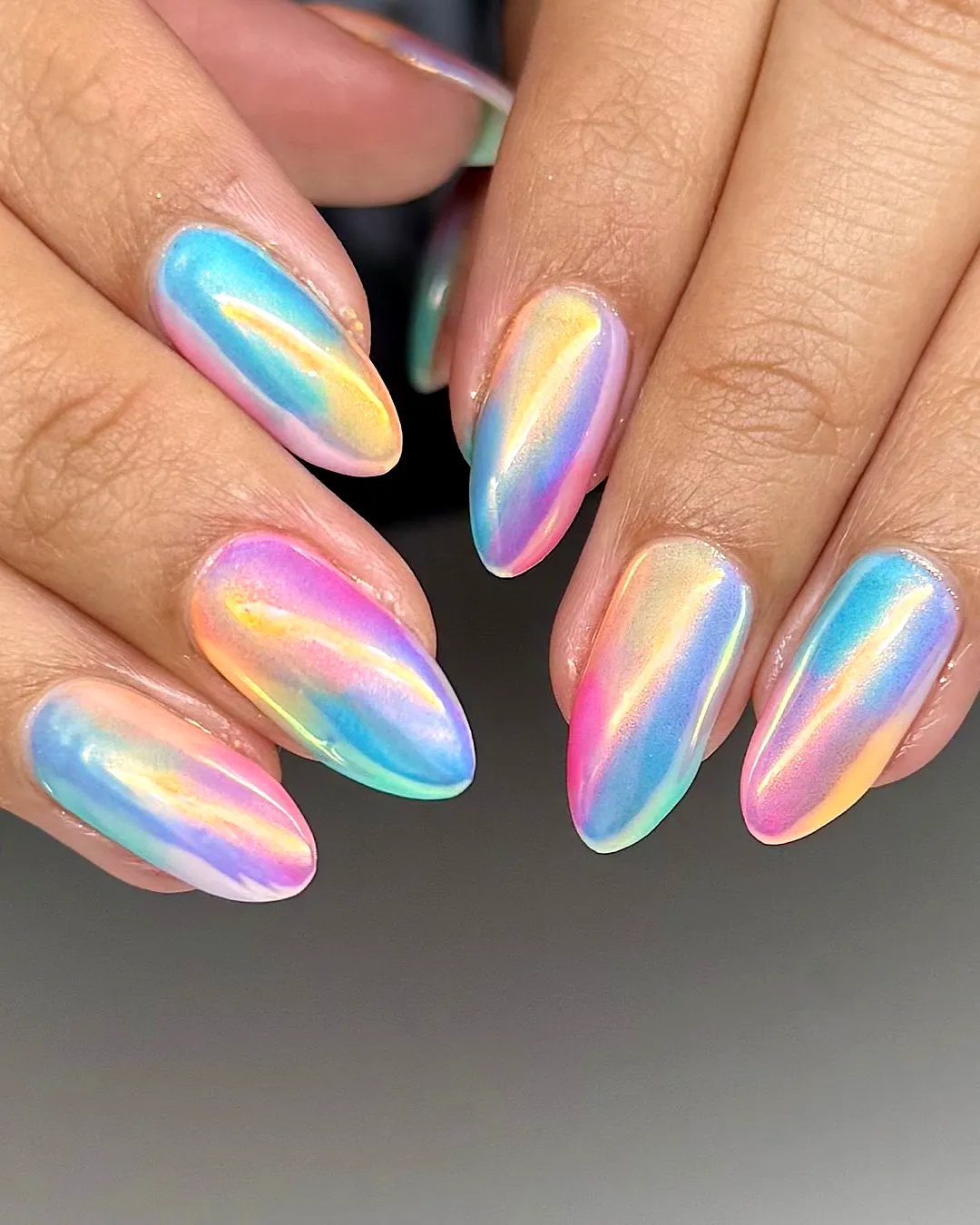 Charming Aurora Nails in Almond Shape with Pastel Gradient and Holographic Shimmer
