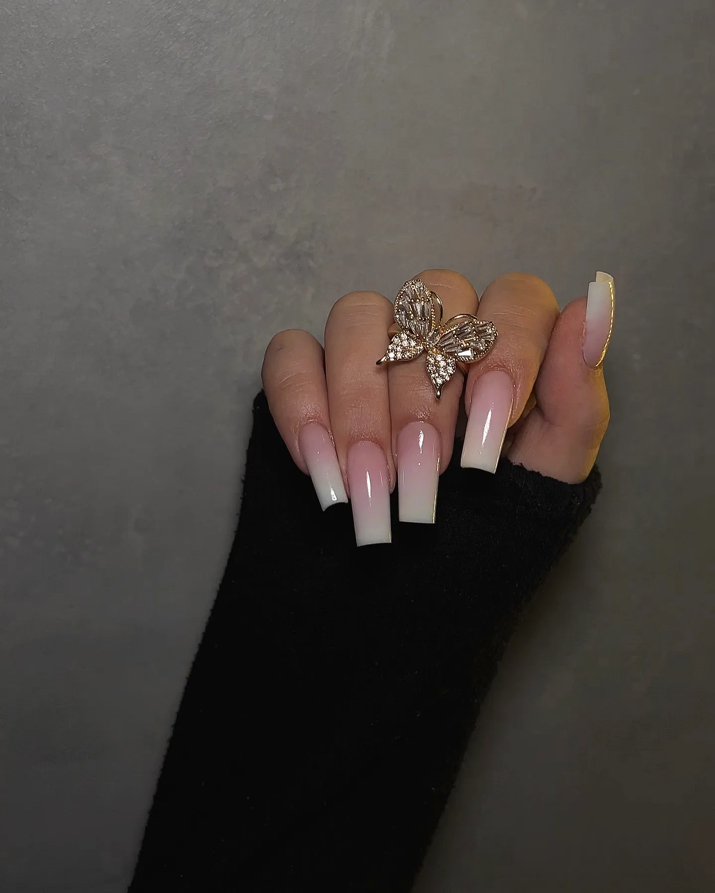 Charming Long Square Fall Ombre Nails with Elegant Butterfly Accent in Pale Pink and White
