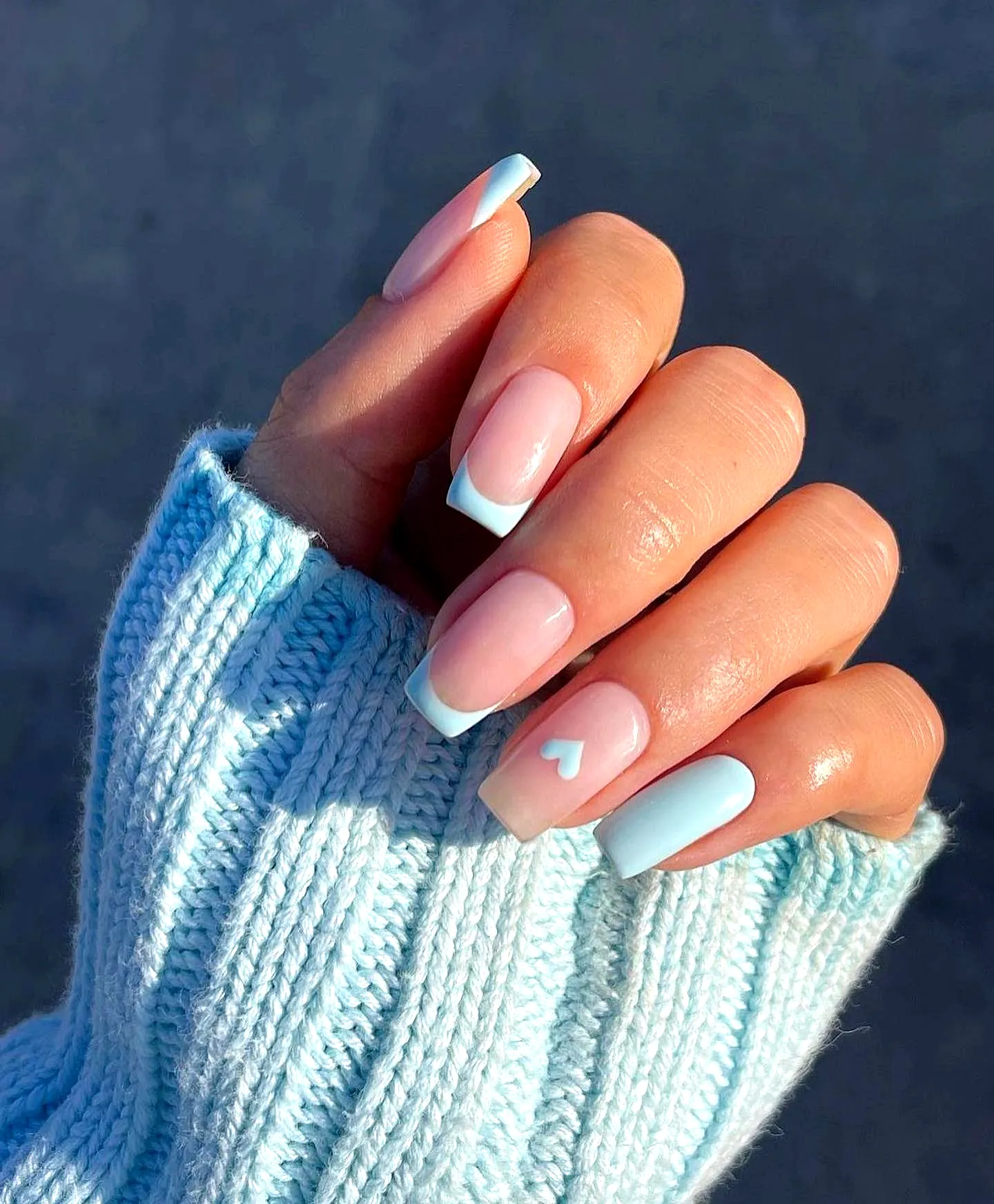 Charming Square Baby Blue Nails Featuring Heart Nail Art and Pink Accents