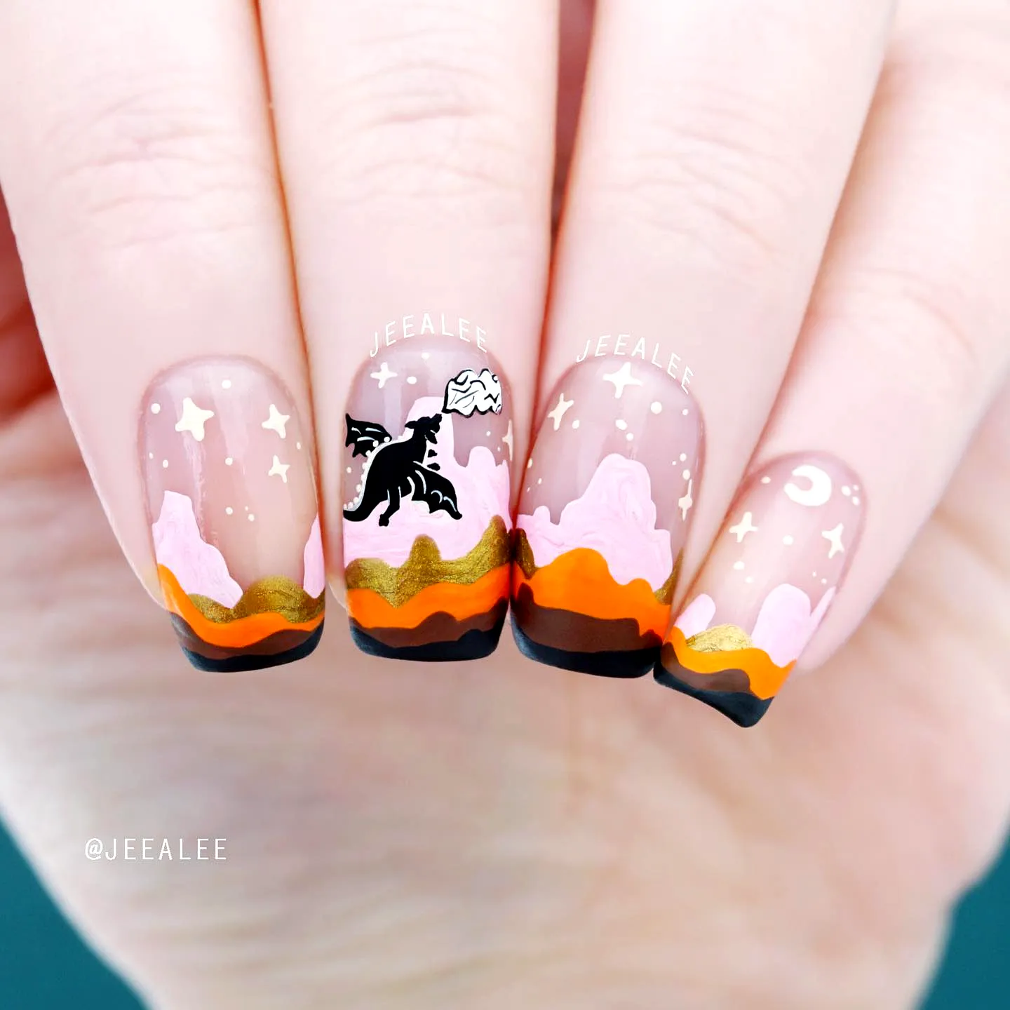 Charming Square Mountain Nails in Shades of Pink and Gold with Playful Cat and Whimsical Clouds