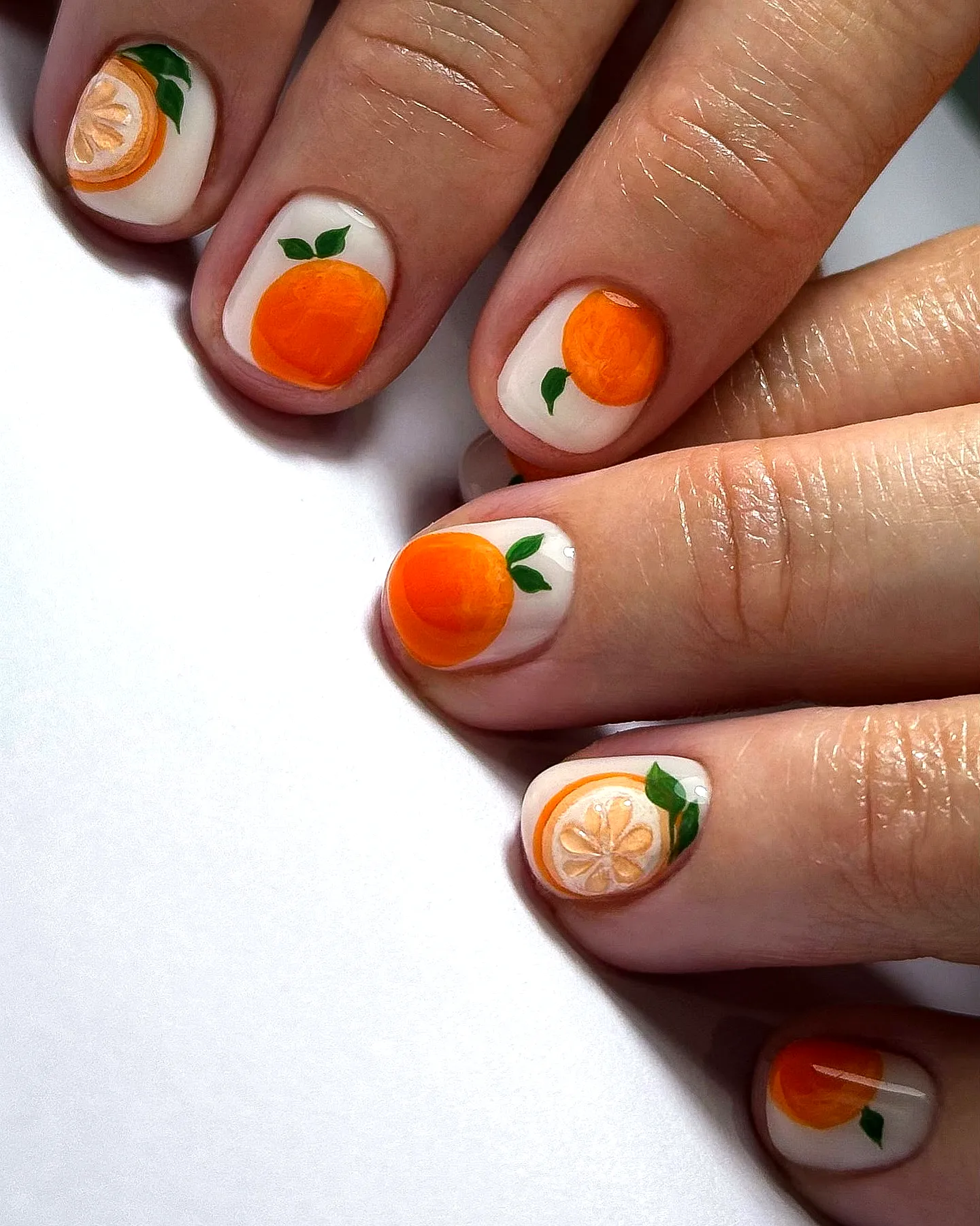 Charming Square Orange Nails with Whimsical Fruit Art Design
