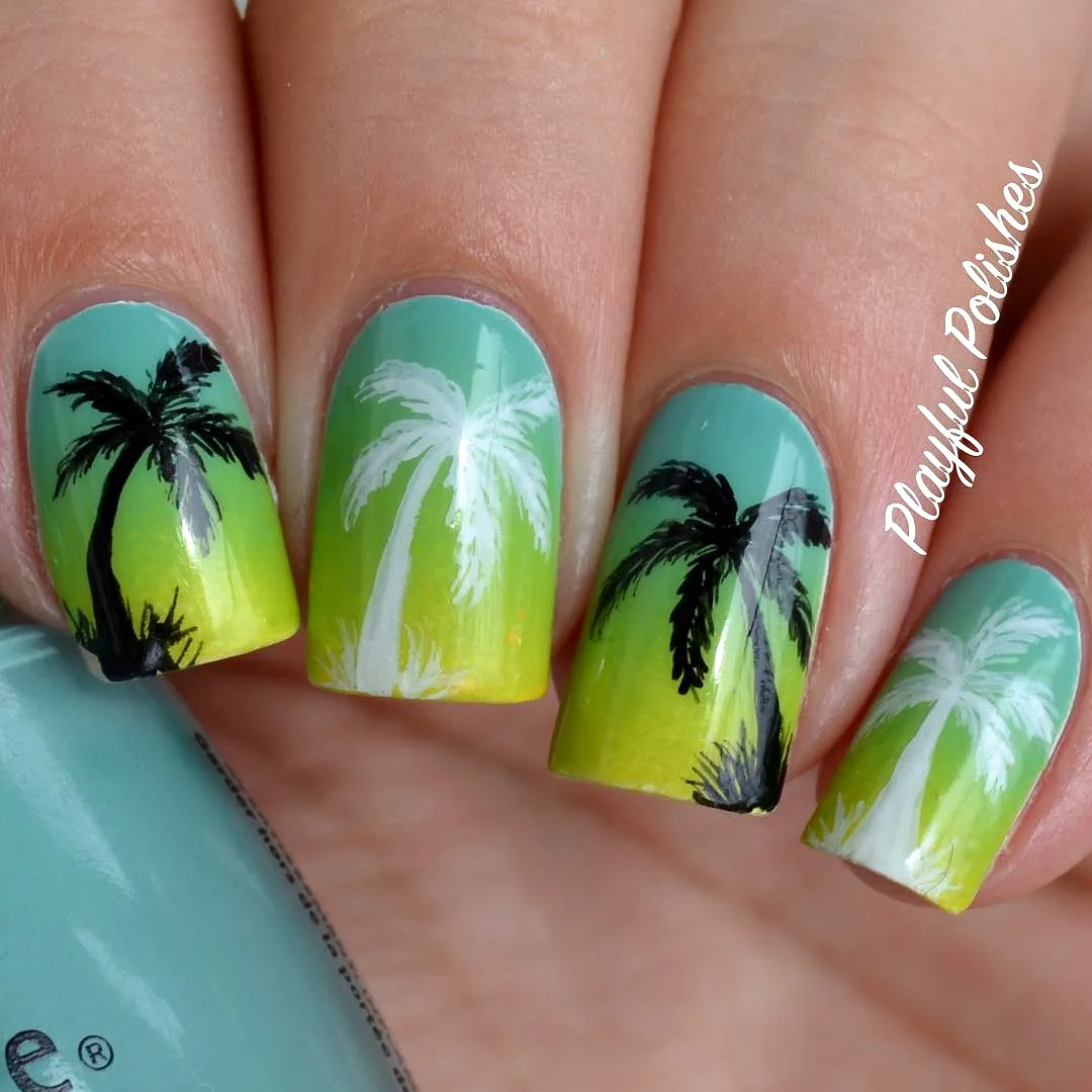 Charming Square Palm Tree Nails with Aqua Yellow Gradient and Silhouette Art