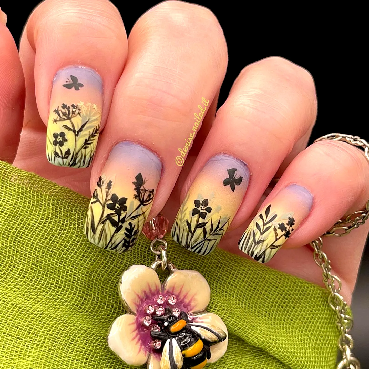 Charming Square Silhouette Nail Designs with Pastel Gradient and Floral Butterfly Art