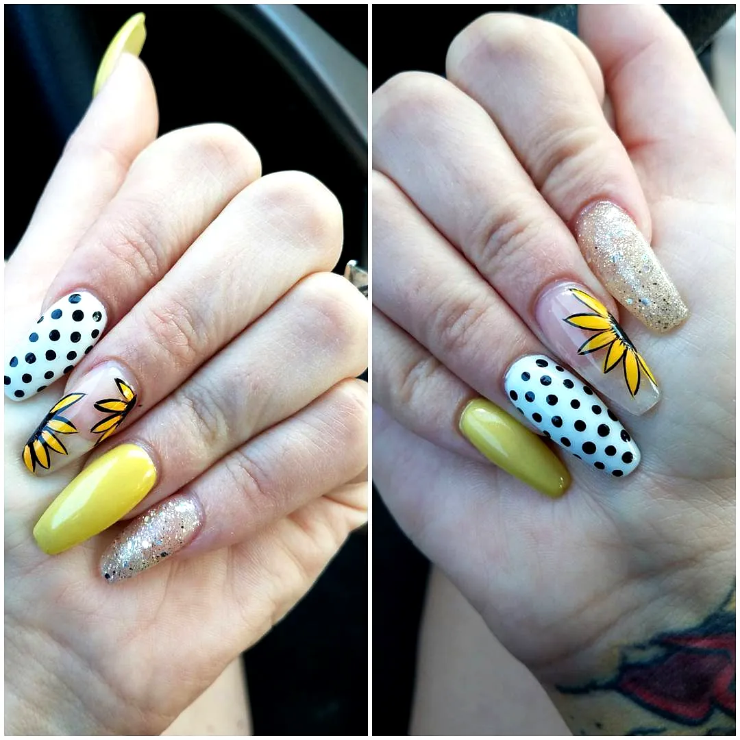 Charming Square Yellow and White Polka Dot Nails with Glitter and Flower Accents