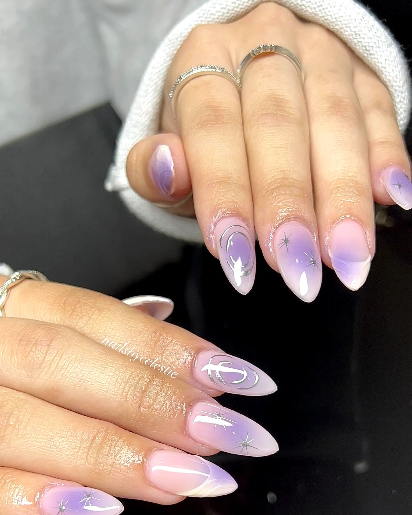 Charming Stiletto Purple Nails with Lavender Pink Gradient and Star Patterns