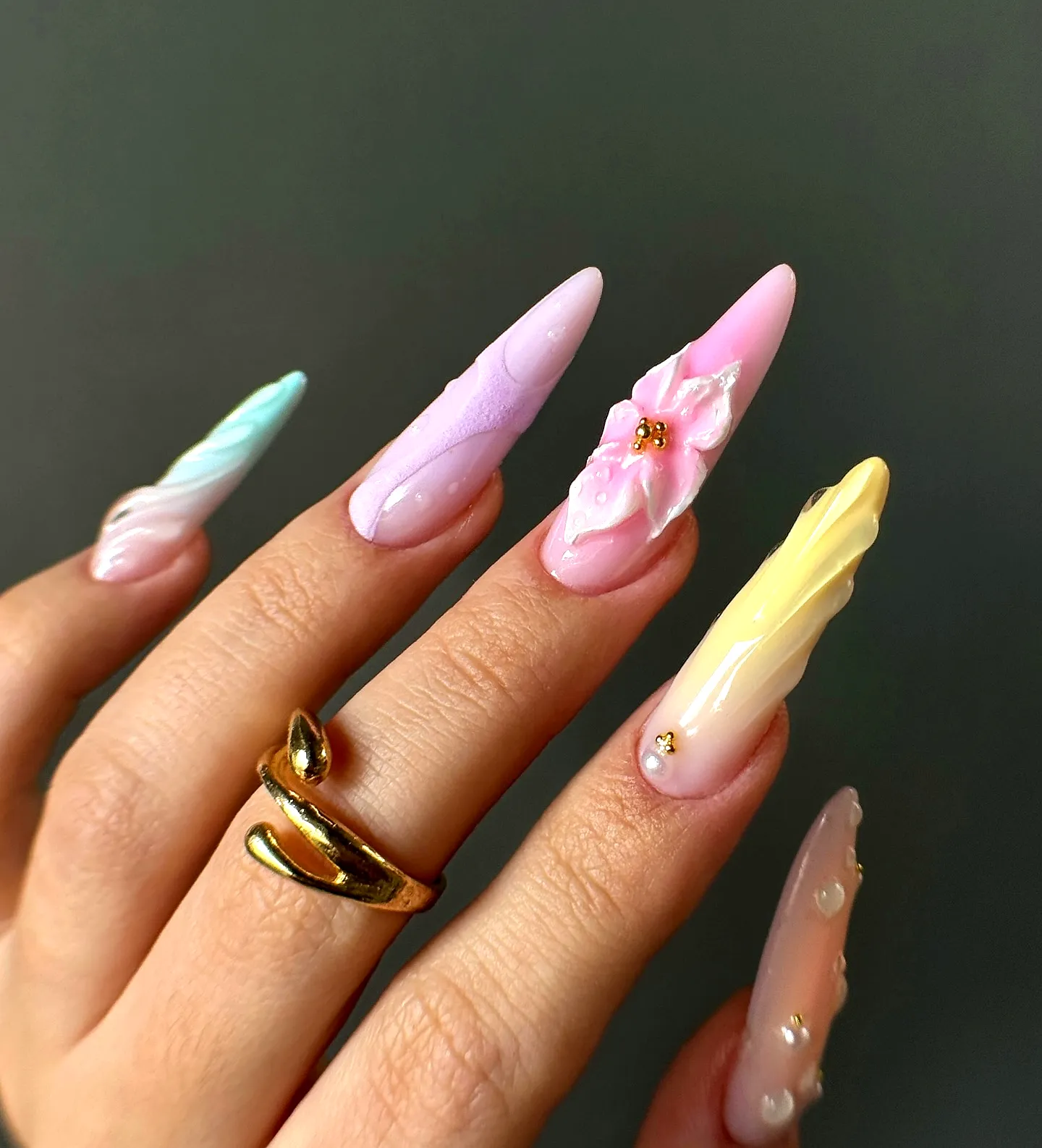 Charming Stiletto Purple Spring Nails with 3D Floral Art and Pastel Colors
