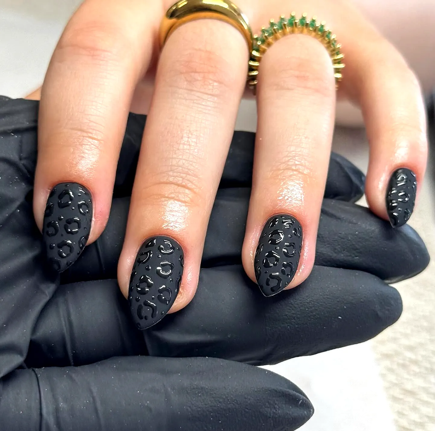 Chic Almond Black Nails with Glossy Leopard Print in a Matte Finish