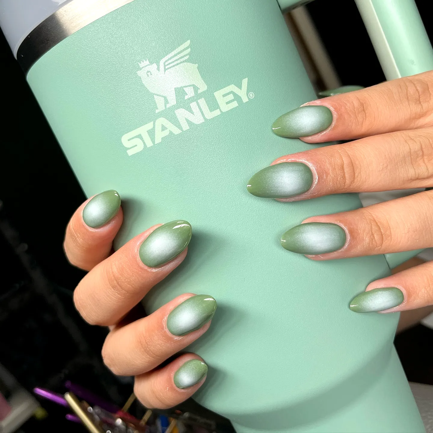 Chic Almond Shape Aurora Nails with Elegant Green Gradient Matte Finish