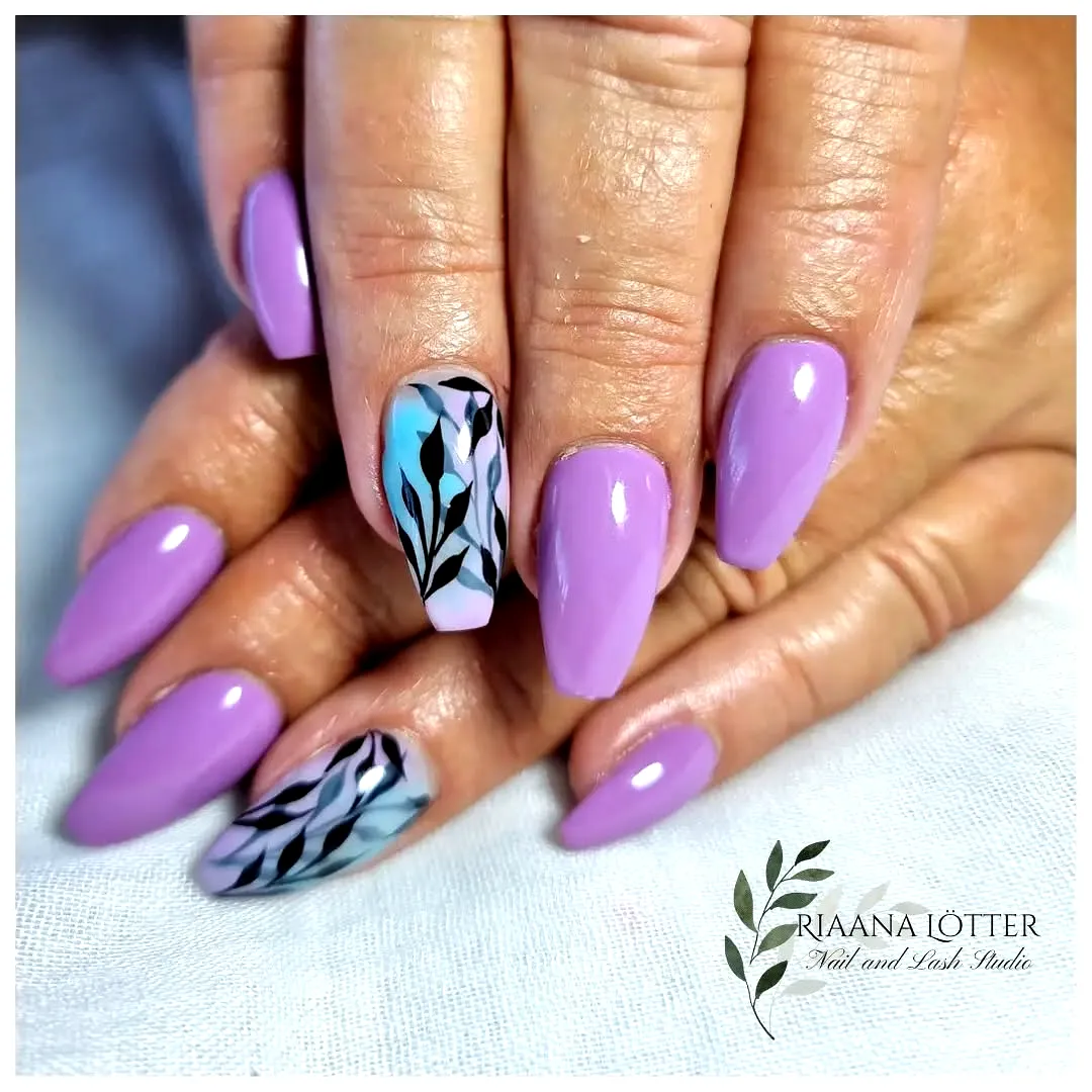 Chic Almond Shaped Leaf Nail Designs with Glossy Lavender and Light Blue Colors