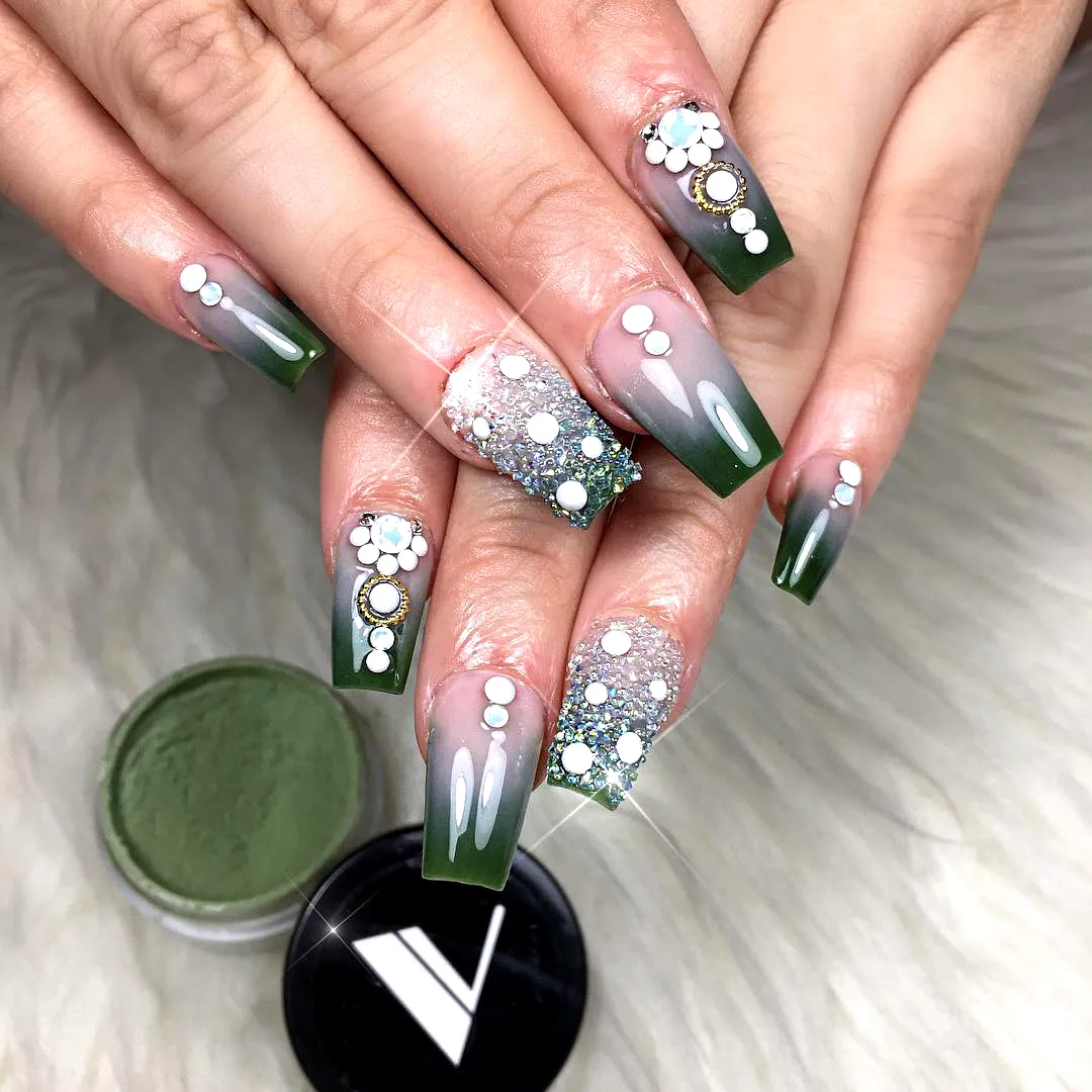 Chic Almond Shaped Olive Green Nails with Glitter Floral Accents and Rhinestones