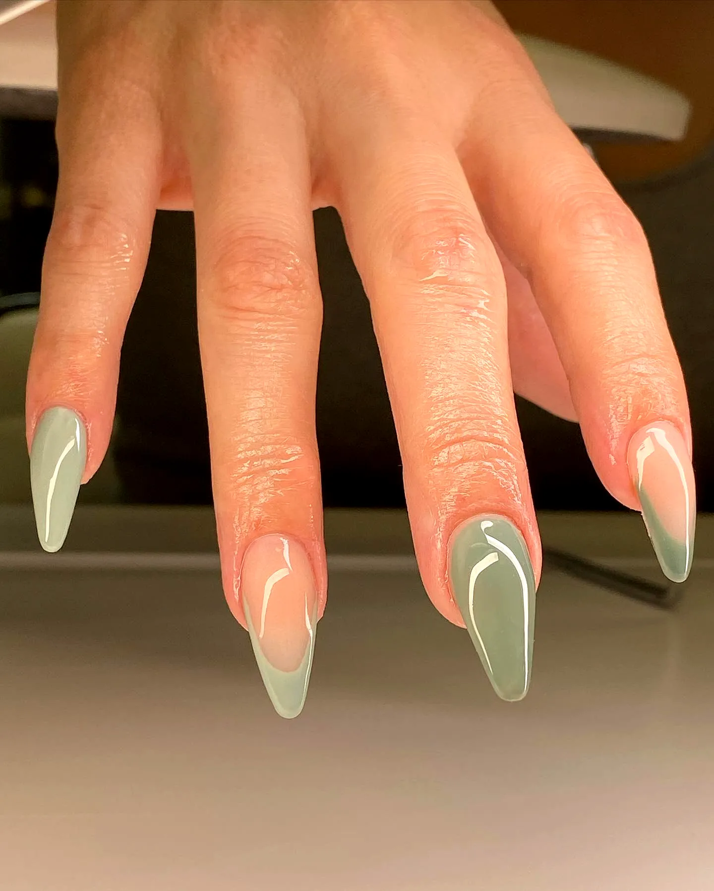 Chic Almond Shaped Olive Green Nails with Pastel Gradient and Glossy Finish