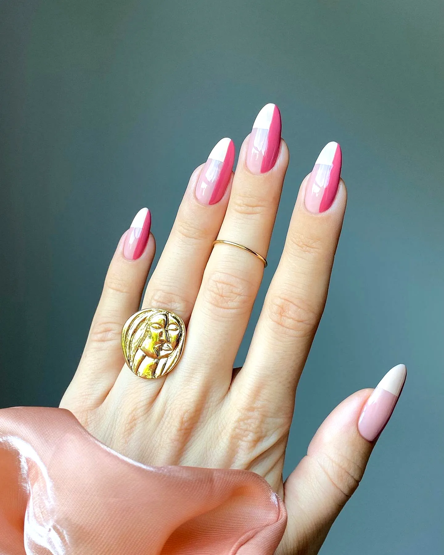 Chic Coffin Shaped Color Block Nails with Vibrant Pink French Tips and Artistic Gold Ring Accents