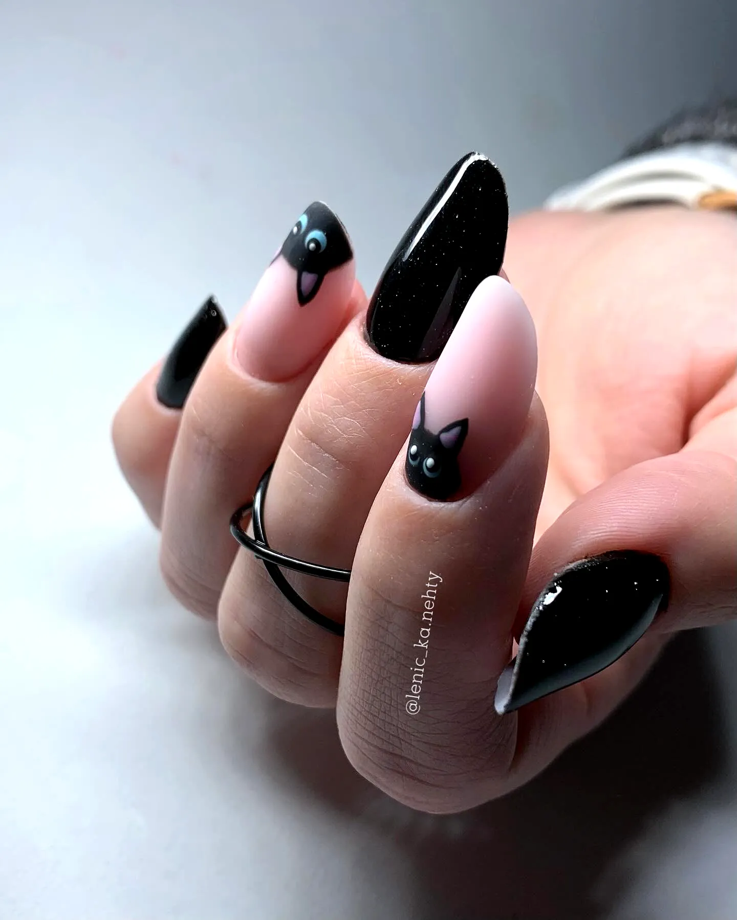 Chic Cute Black Cat Nails in Glossy Black and Soft Matte Pink with Pointed Shape