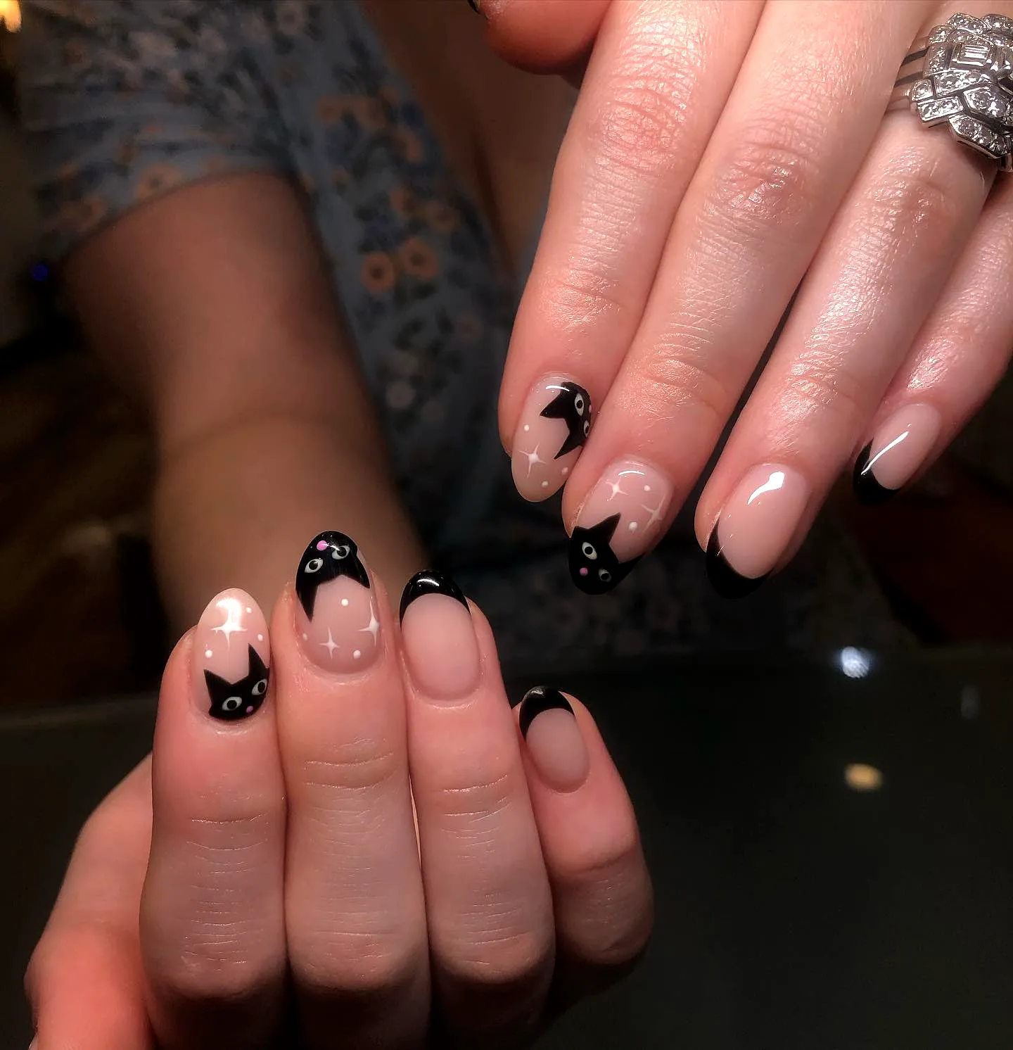 Chic Cute Black Cat Nails with Almond Shape Glossy Black Tips and Playful Motifs