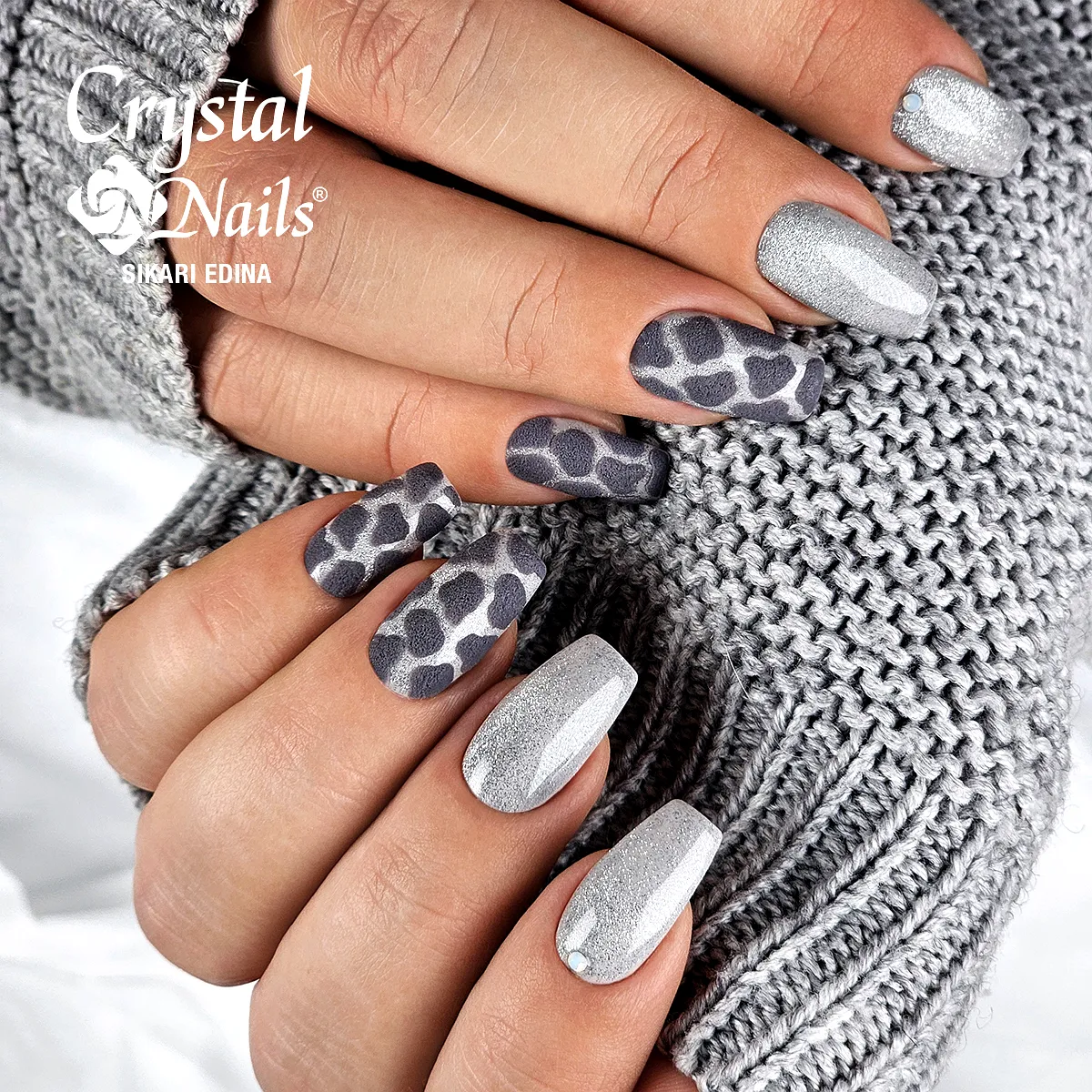 Chic Elongated Gray Nails with Textured Leopard Print and Silver Glitter Design