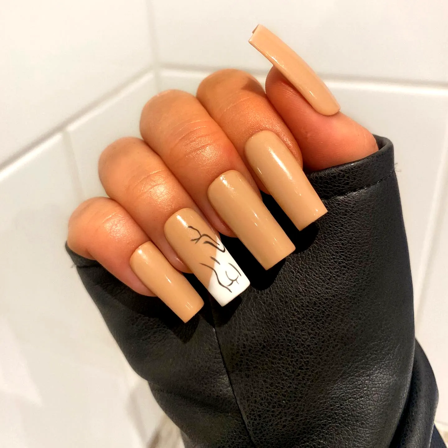 Chic Long Square Silhouette Nail Designs in Soft Beige with Minimalist Black Line Art