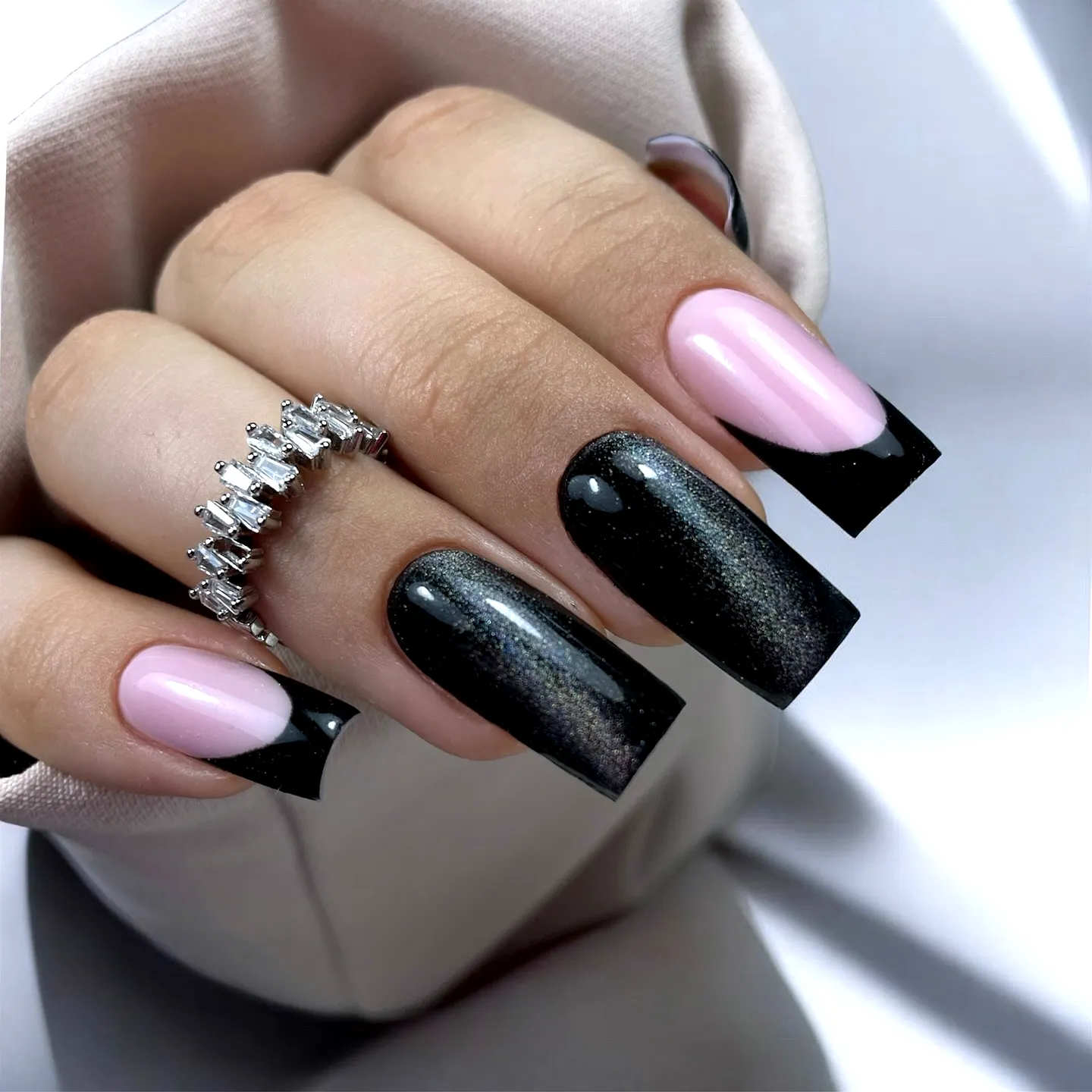 Chic Long Squared Black Nails with Glossy Gradient and Pink Accent