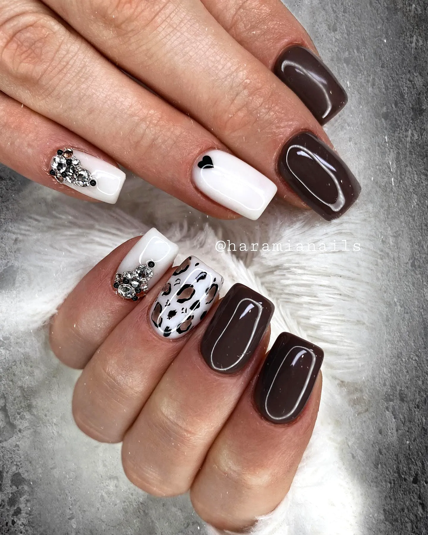 Chic Rectangular Luxury Nails Featuring Dark Brown and White with Leopard Print and Rhinestones