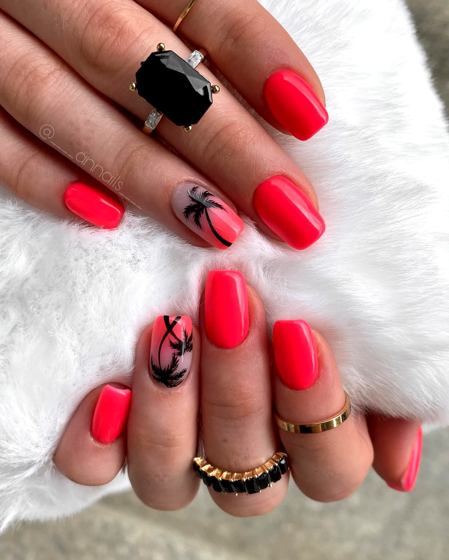 Chic Short Square Palm Tree Nails in Vibrant Coral Pink with Tropical Accent Art