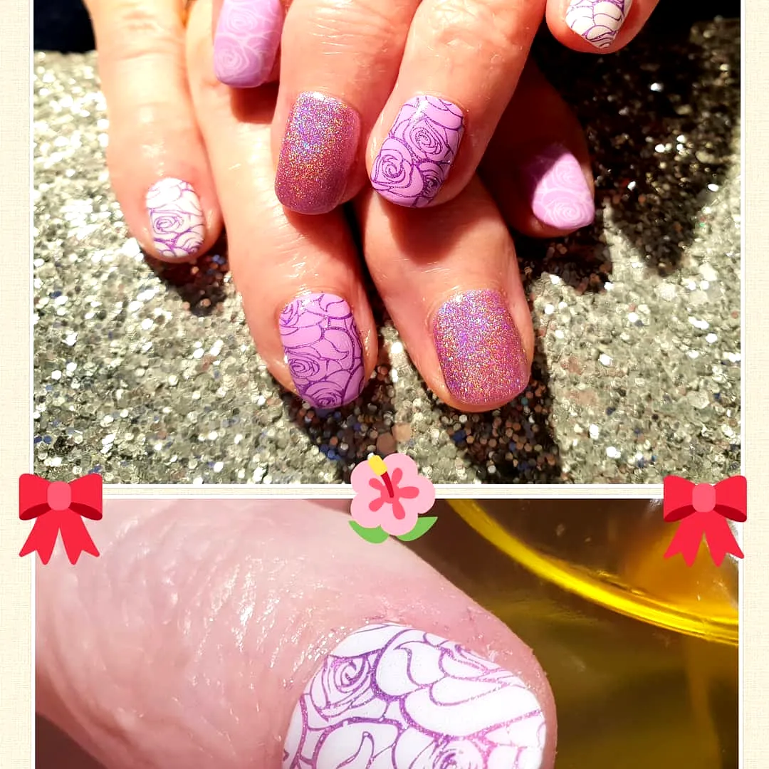 Chic short square rose nail designs with lavender and white floral patterns and sparkling glitter accents