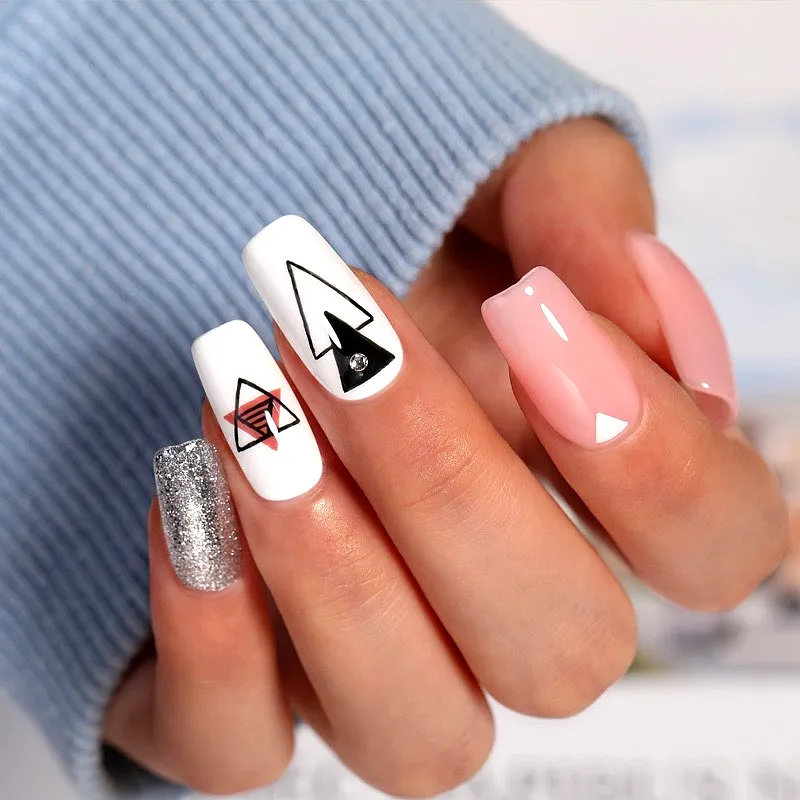 Chic Square Geometric Nail Designs Featuring White Black and Red Patterns with Glittery Accents