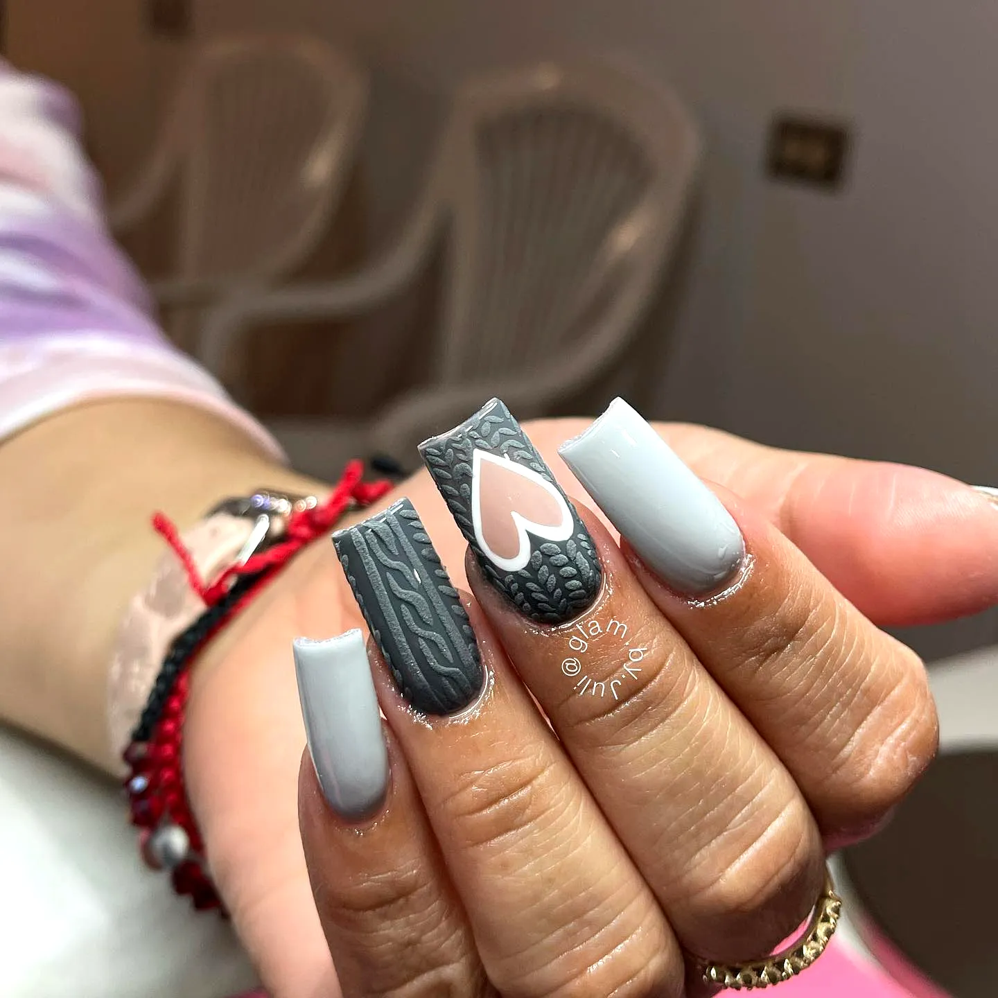 Chic Square Gray Nails with Heart Design and Unique Textured Patterns