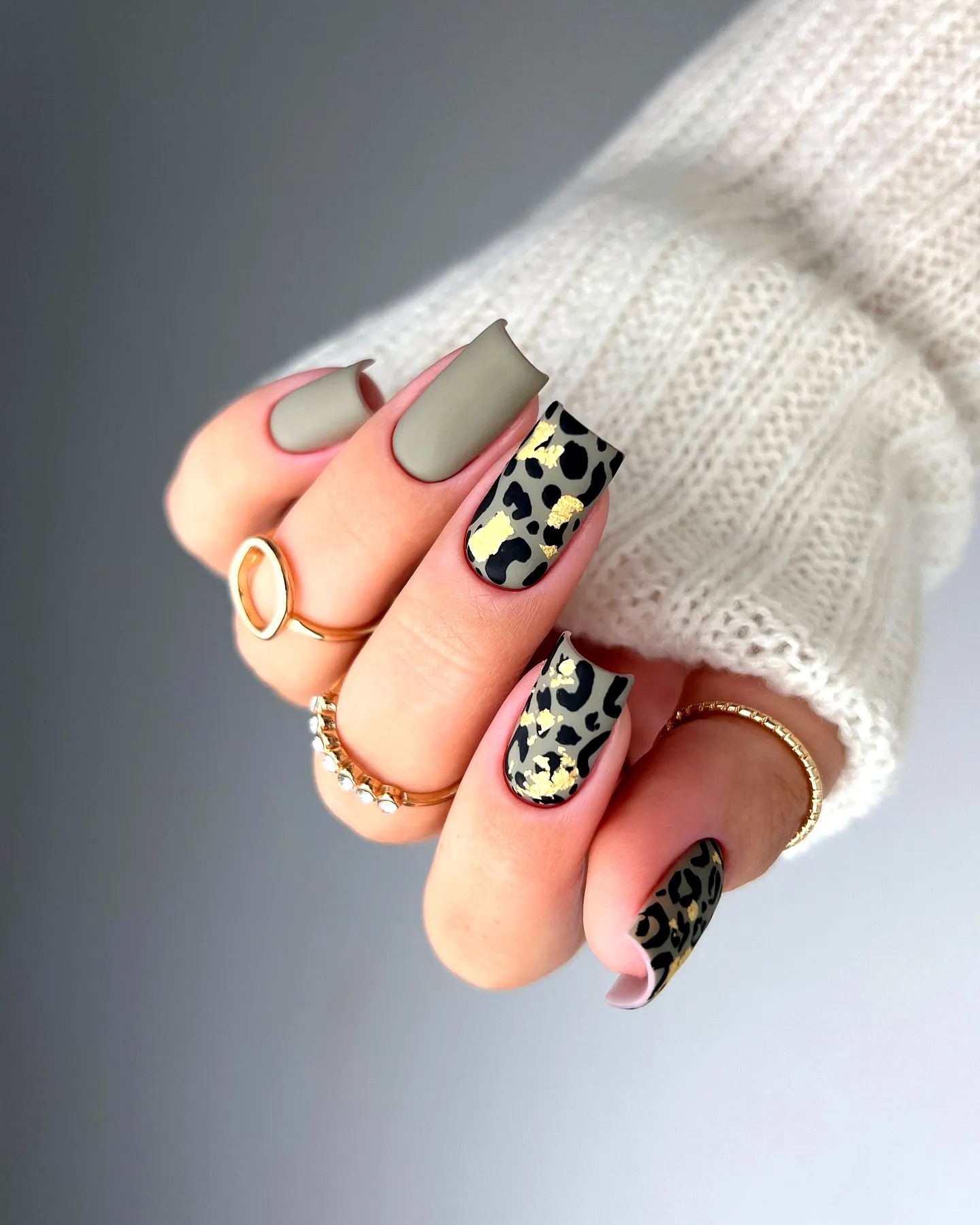 Chic Square Olive Green Nails with Leopard Print and Gold Accents