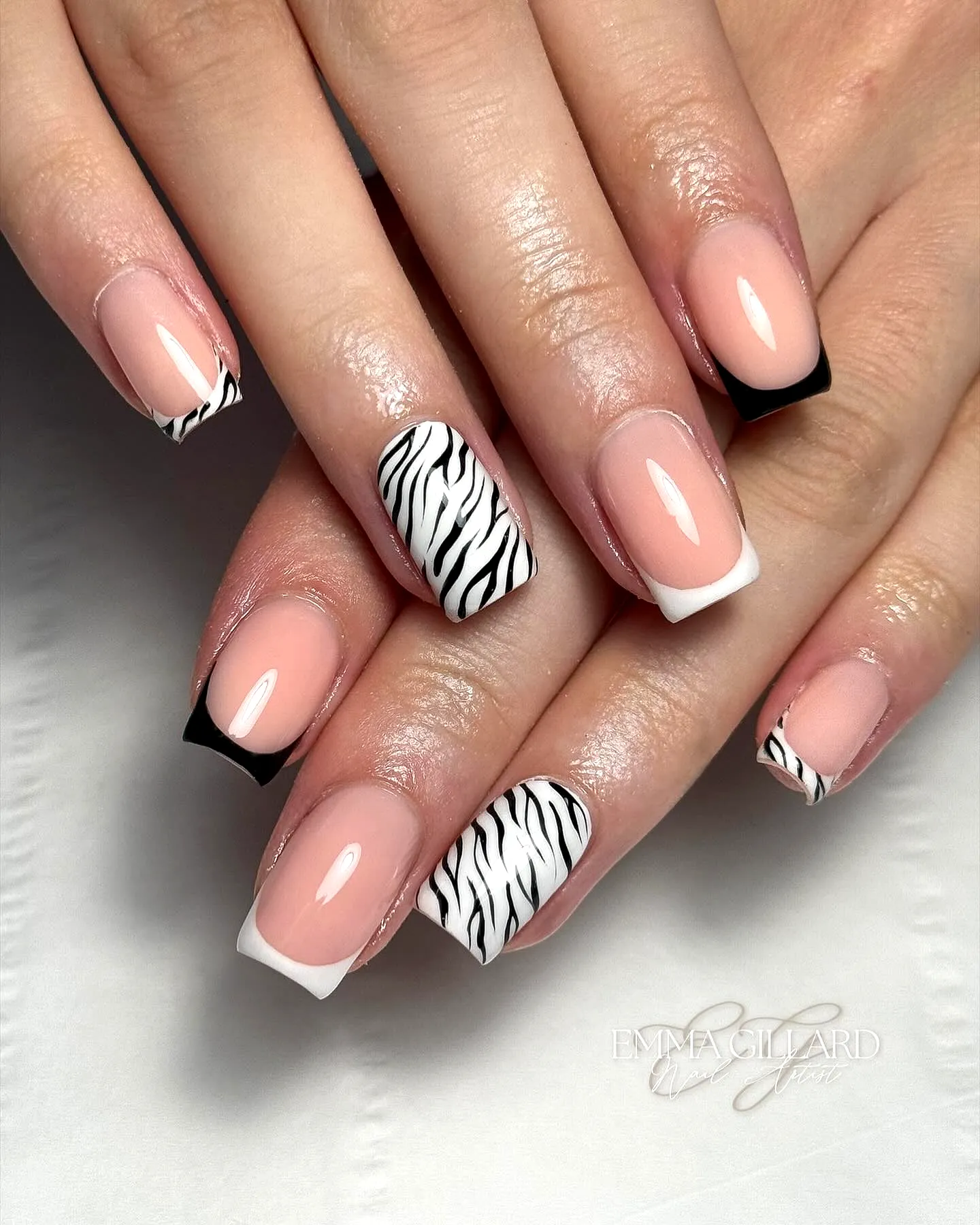 Chic Square Shaped Zebra Print Nails with Nude Base and Bold Black Tips