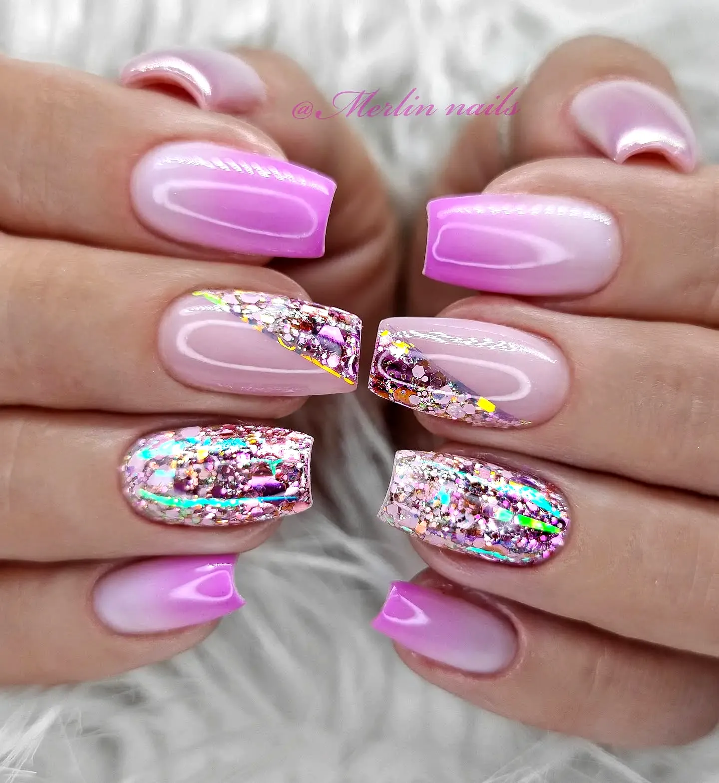 Chic Square Summer Nail Designs with Soft Pink and Holographic Glitter Accents