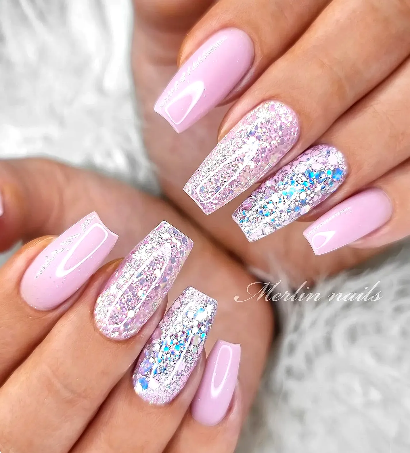 Chic square tropical nail designs in soft pink with glittery accents