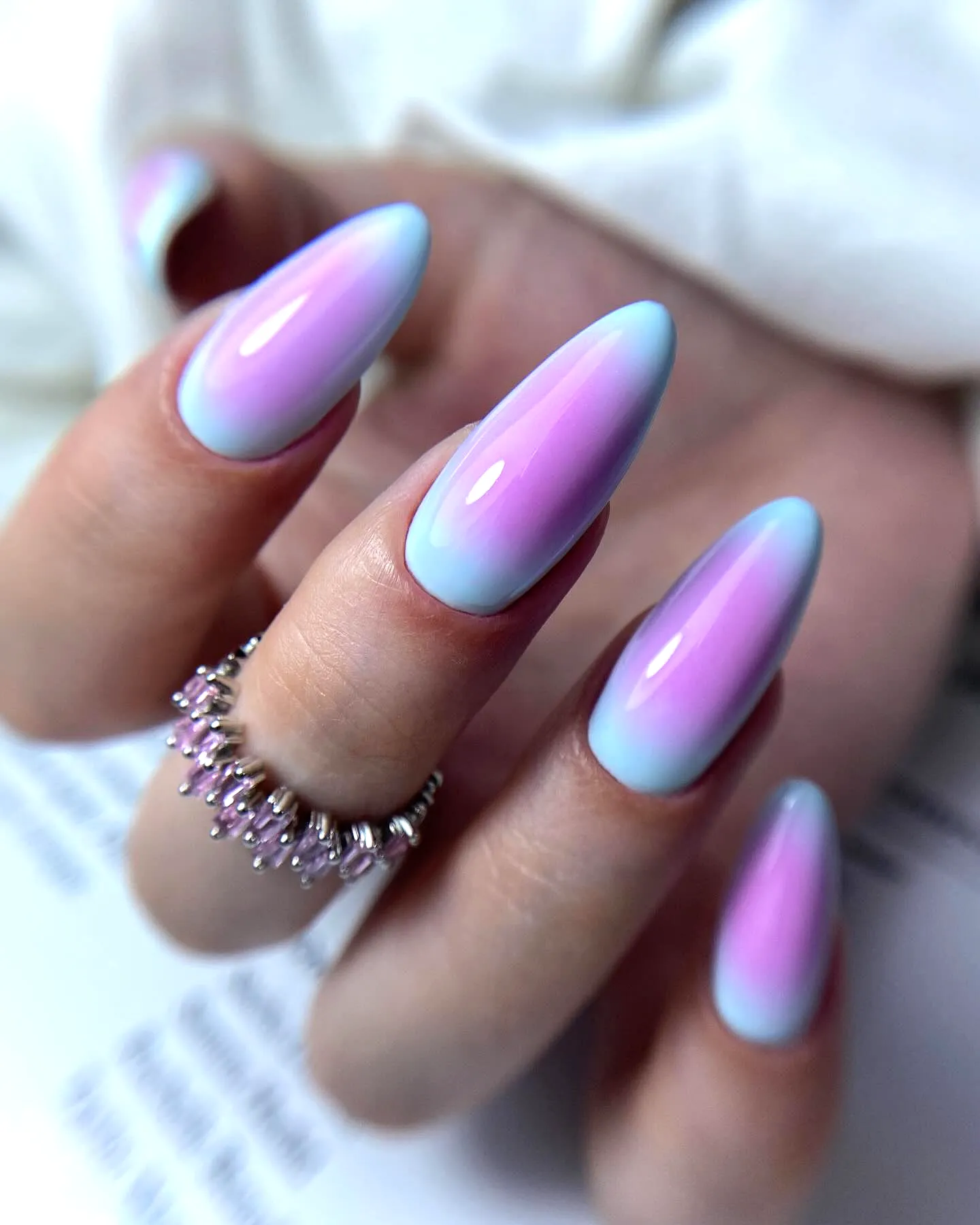 Chic Stiletto Aurora Nails with Ombre Pastel Pink to Sky Blue Gradient