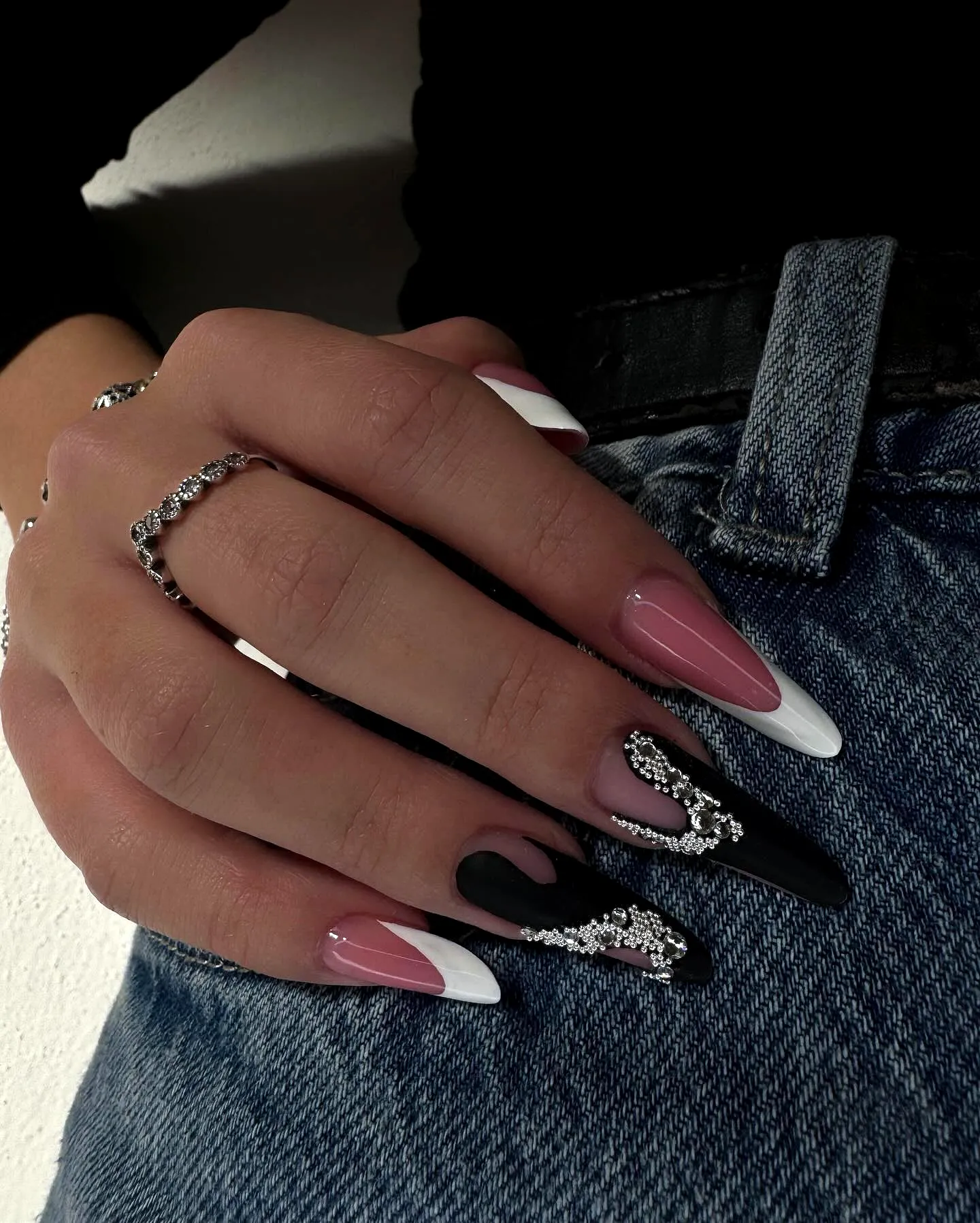Chic Stiletto Classy Nail Designs Featuring Black Pink and White with Geometric Patterns and Rhinestones