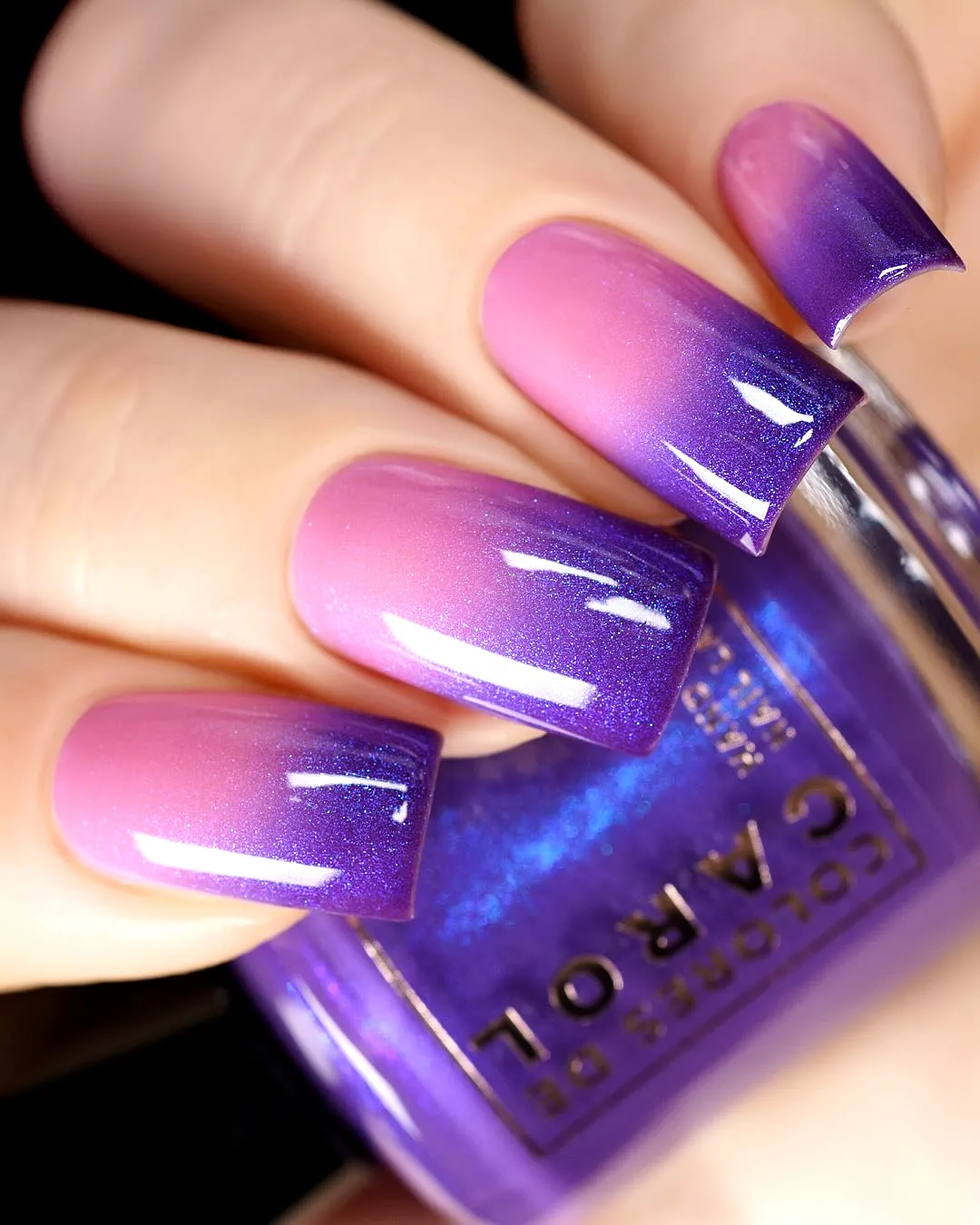 Chic Stiletto Purple Spring Nails with Ombre Pink to Purple Gradient and Shimmering Finish
