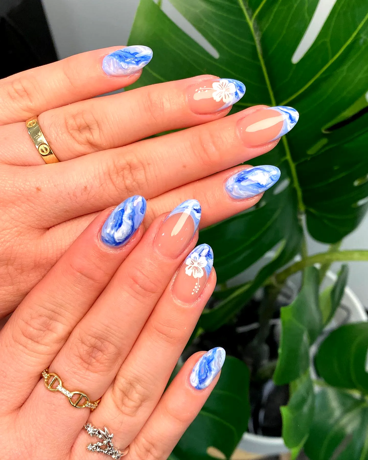 Chic Stiletto Summer Nail Designs with Blue and White Marble and Floral Art