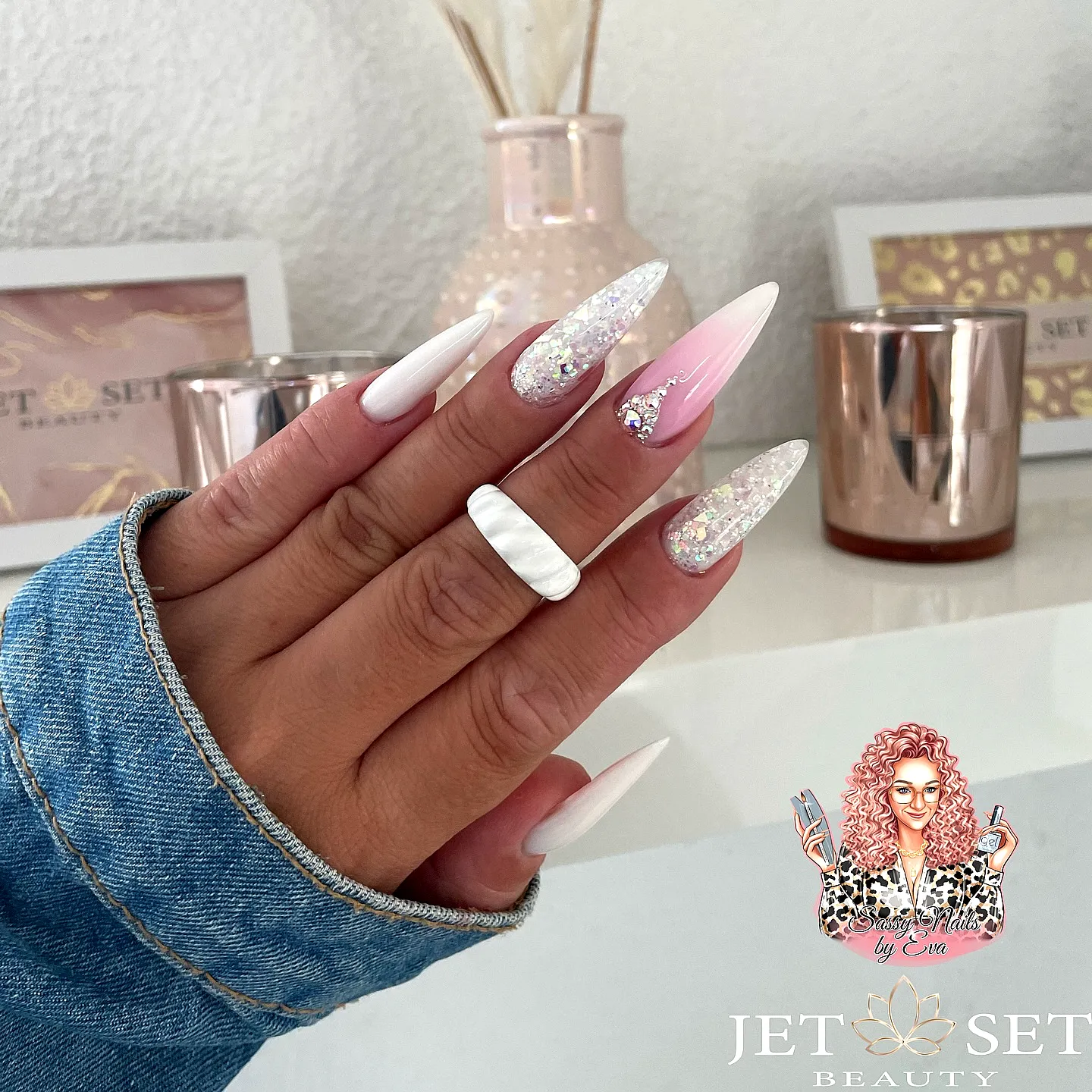 Chic Stiletto White Nails with Gradient Pink and Glitter Accents