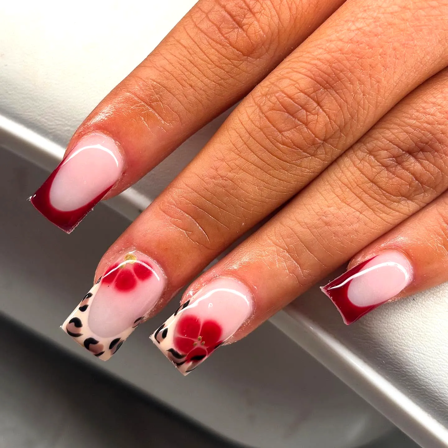 Chic Summer Coffin Nails with Soft Pink Deep Red and Leopard Print Accents