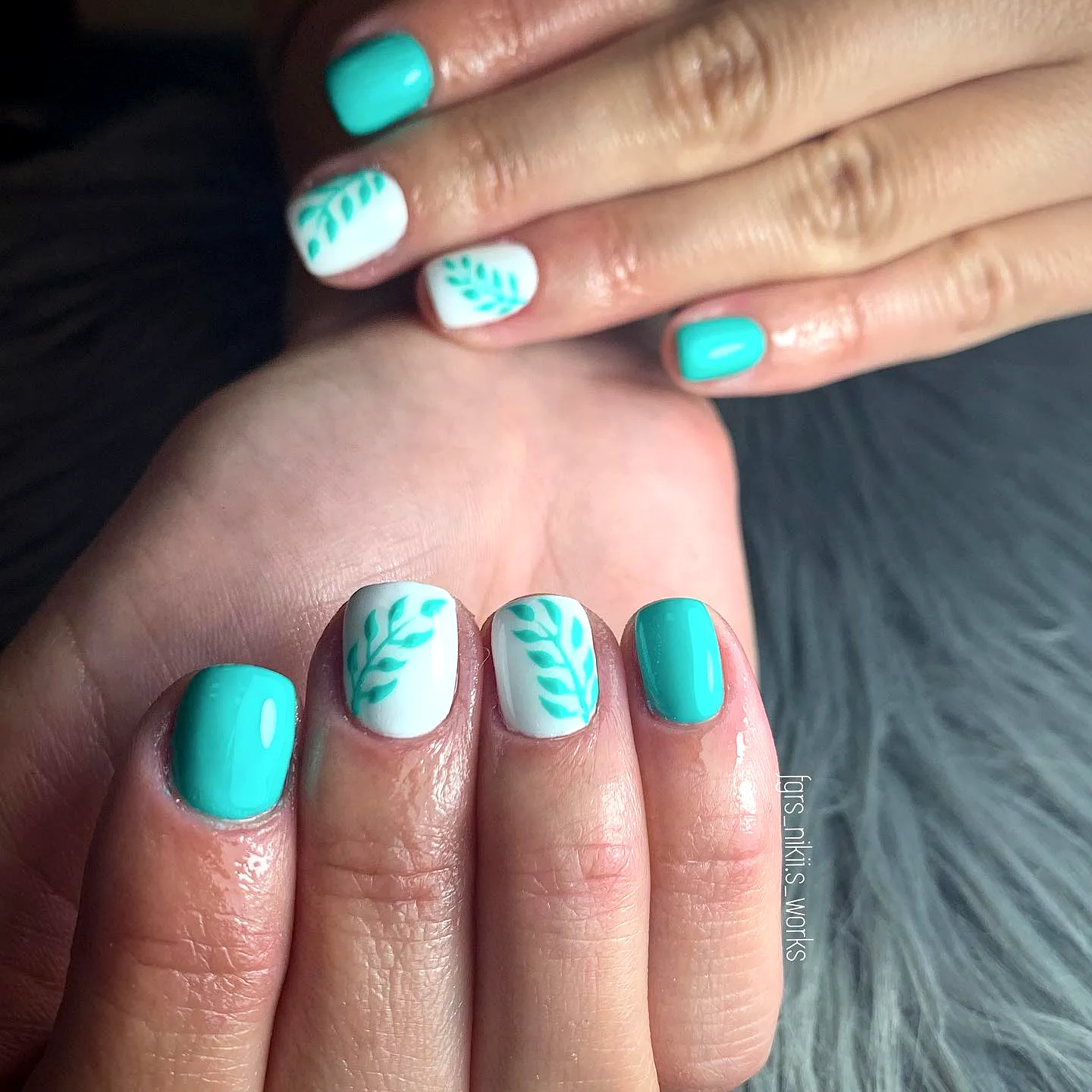 Chic Turquoise and White Leaf Nail Designs with Sleek Shape and Elegant Patterns