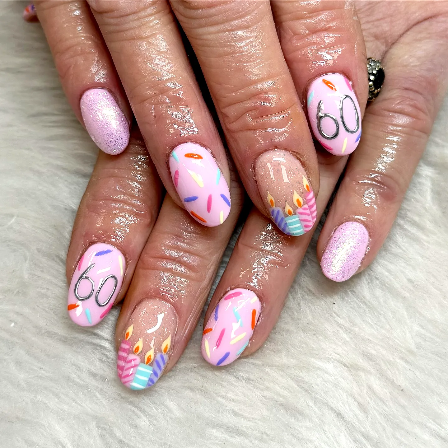 Cute Almond Birthday Cake Nails in Pastel Colors with Candles and Sprinkles