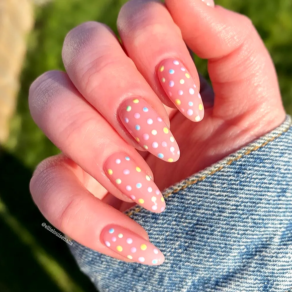 Cute Almond-Shaped Easter Nail Designs with Soft Pink Base and Colorful Polka Dots