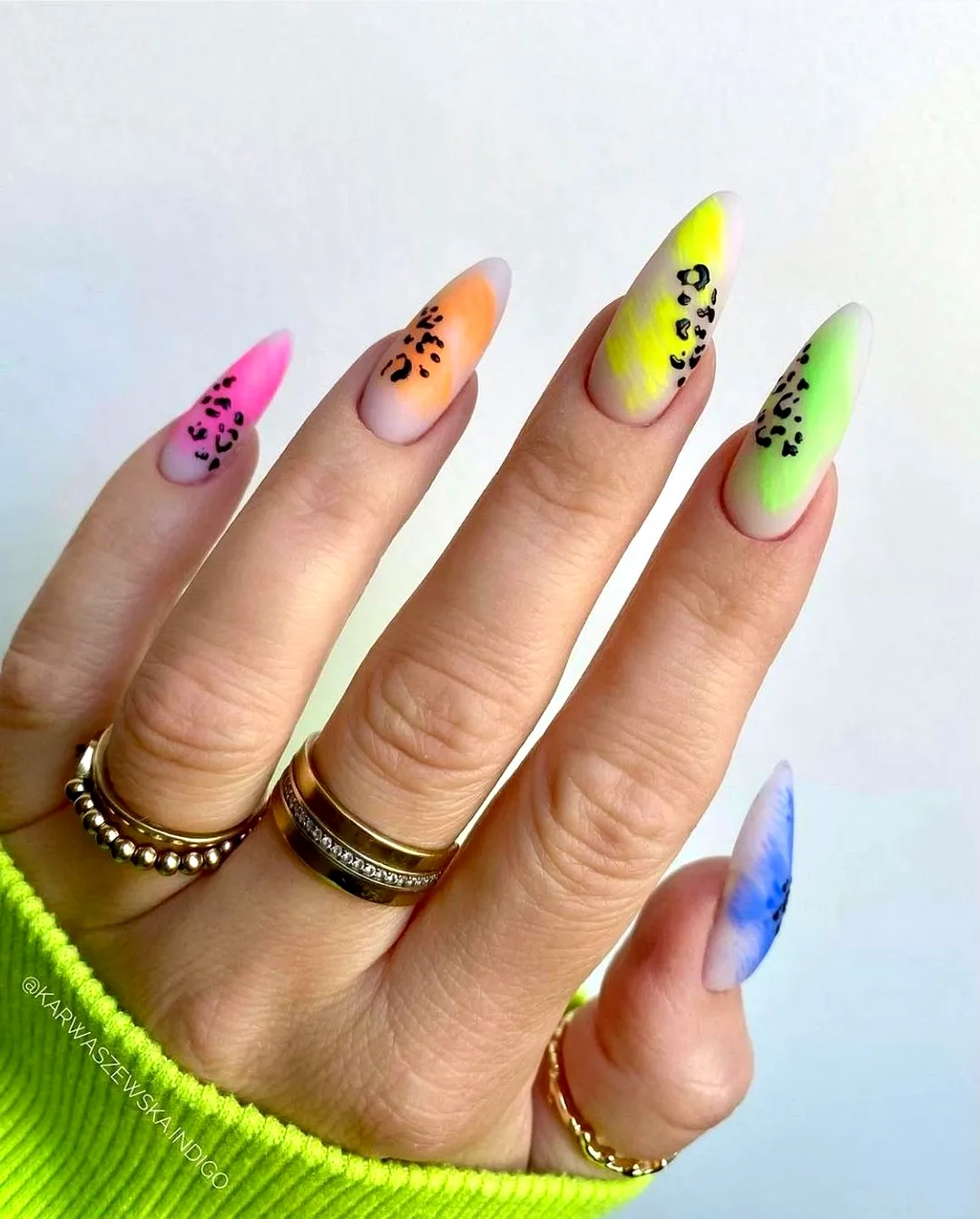 Cute Almond Shaped Neon Nails with Playful Leopard Print in Vibrant Pastel Colors