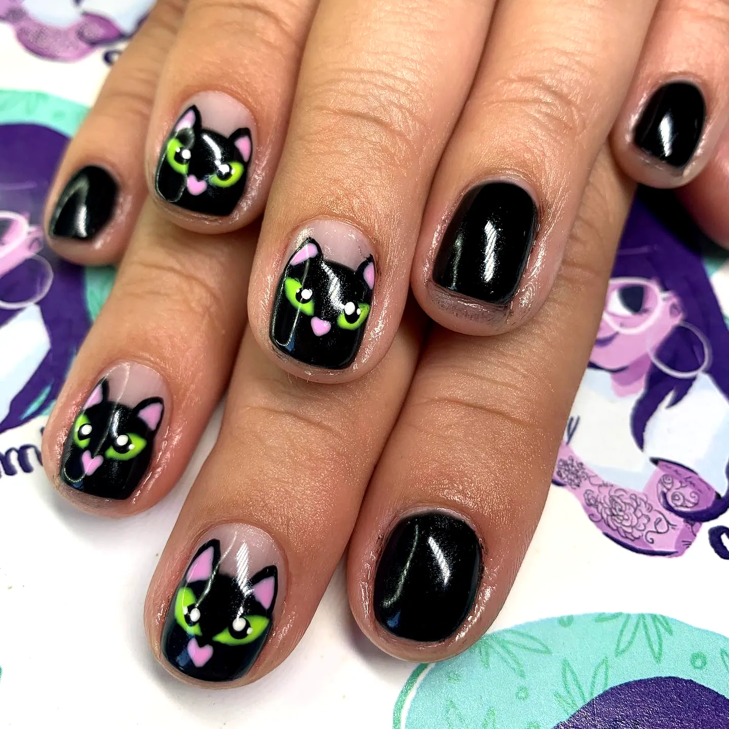 Cute Black Cat Nails with Cartoonish Faces in Black and Clear Shapes
