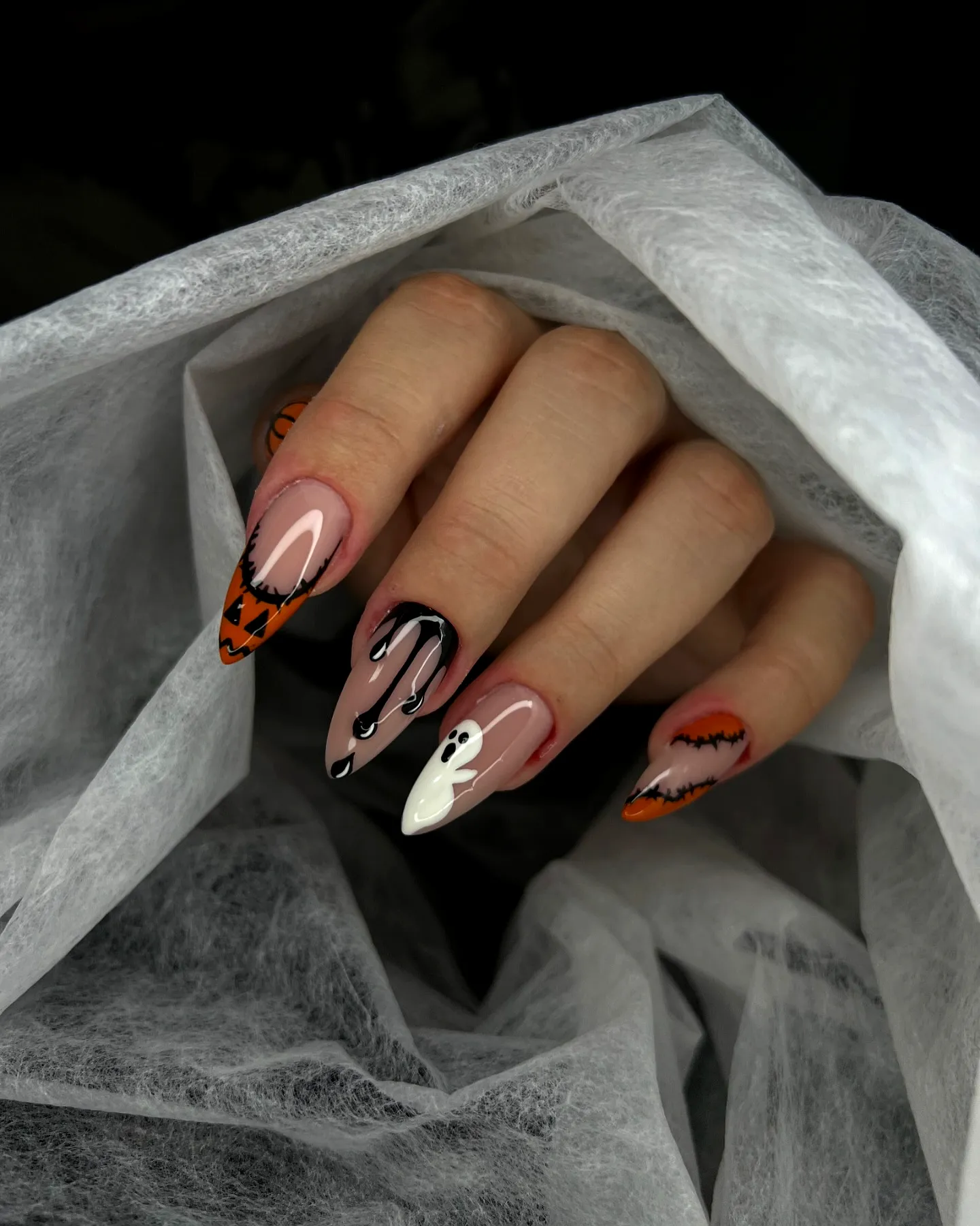 Cute Coffin Halloween Nails with Orange and Black Stripes Ghost Designs and Drip Art