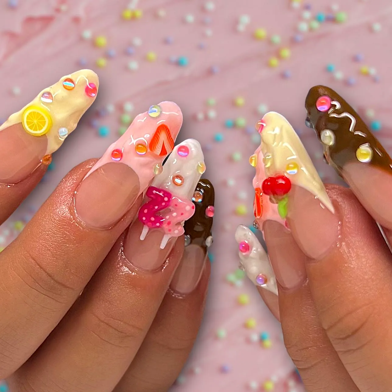 Cute Coffin Shaped Birthday Cake Nails in Pastel Colors with Whimsical Food Decorations and Dripping Ice Cream Effect
