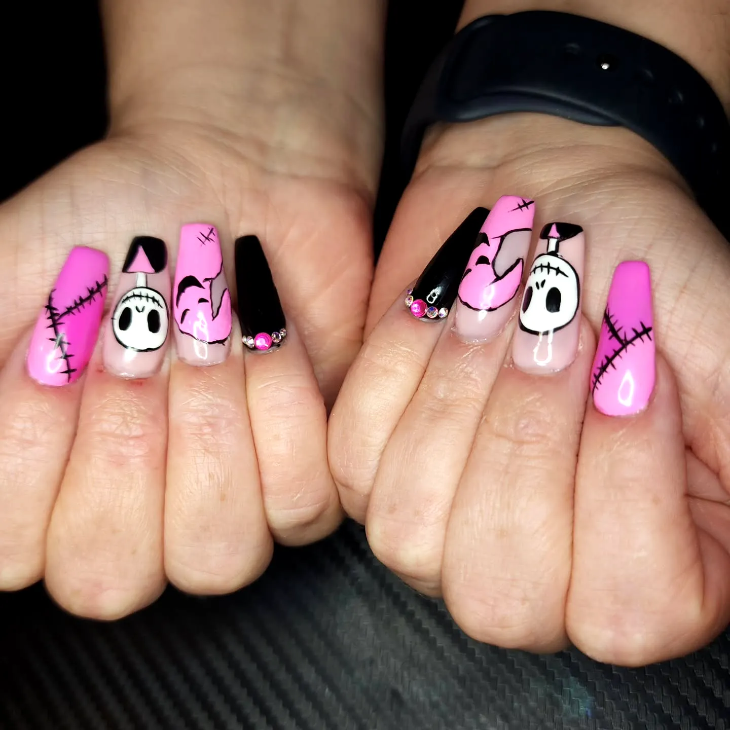 Cute Coffin Shaped Nightmare Before Christmas Nails with Pink Black Skull and Stitch Patterns