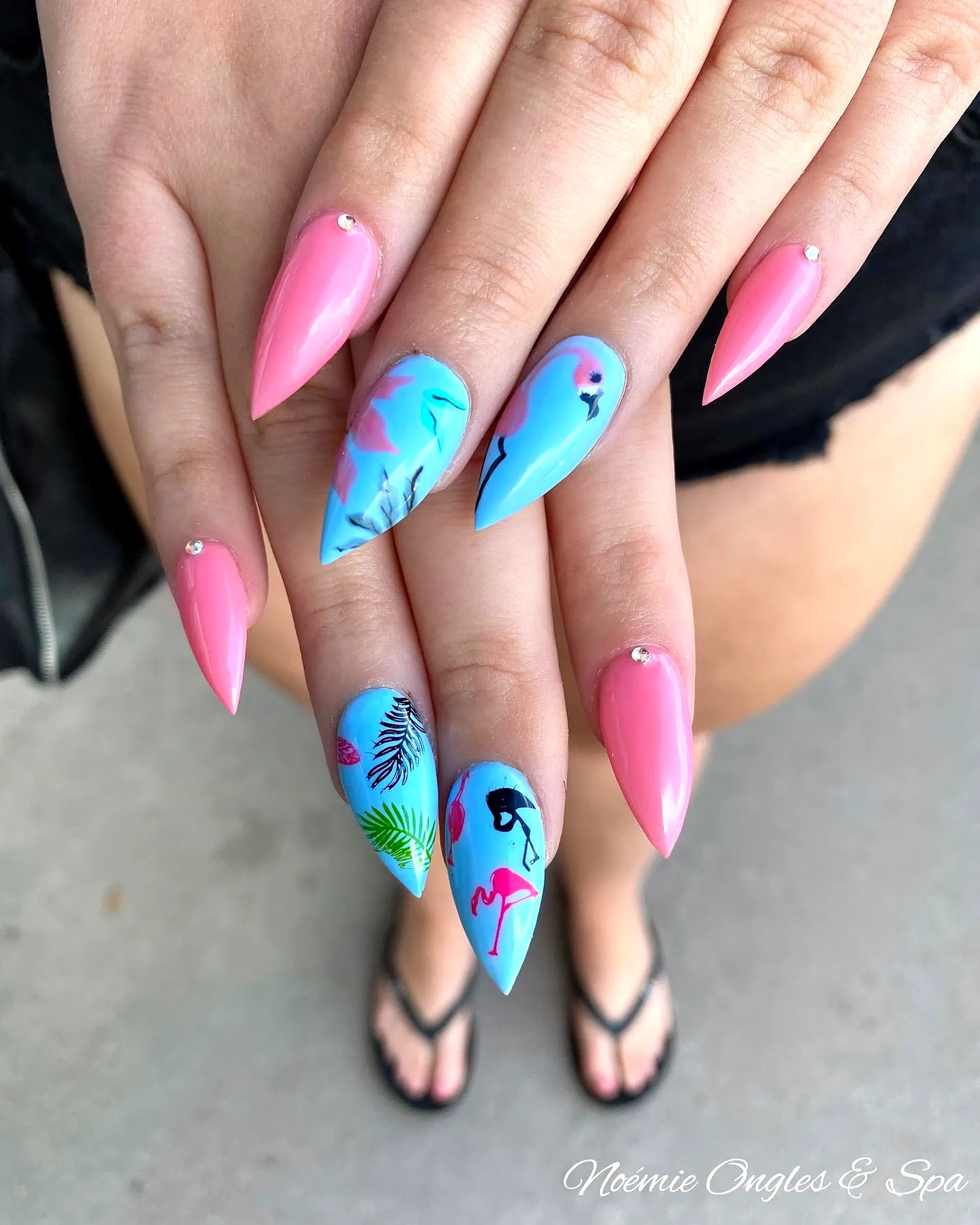 Cute Long Pointed Flamingo Nails with Tropical Motifs and Sparkling Embellishments