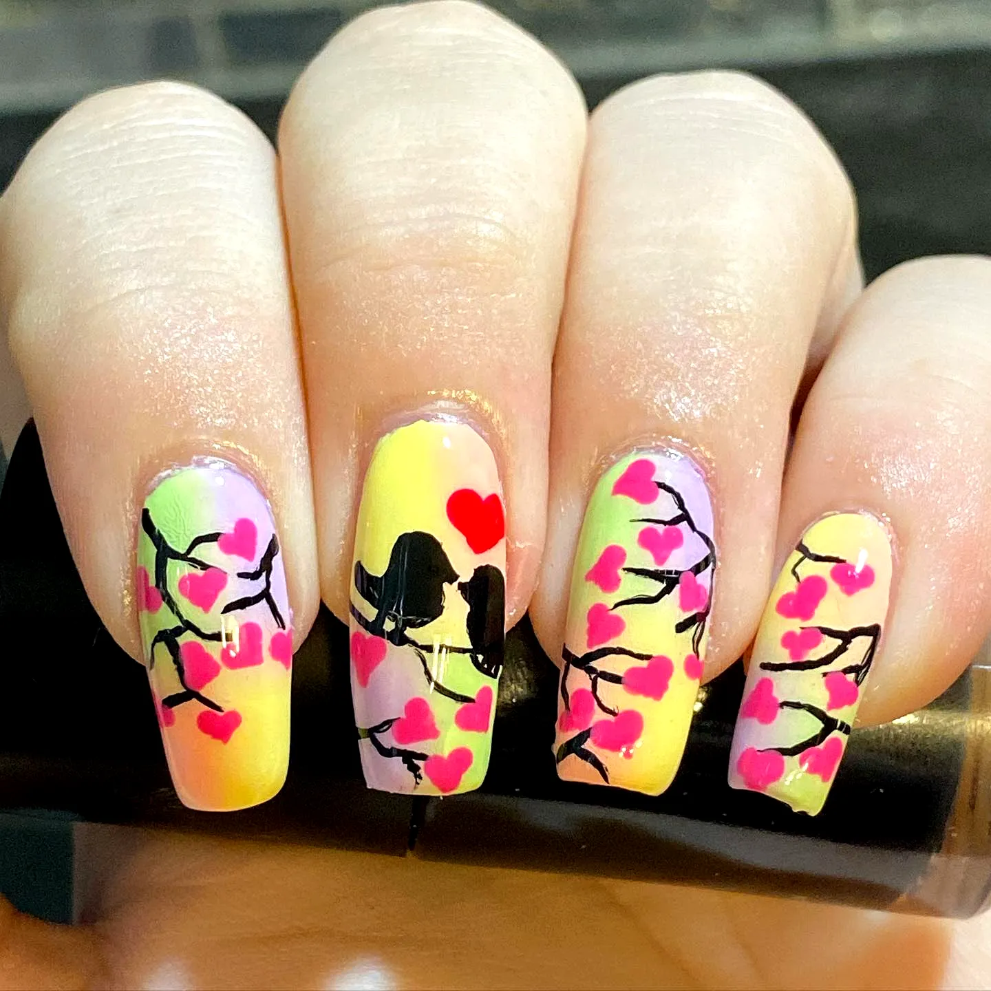 Cute long square bird nail designs with yellow and pastel purple gradient and whimsical branches and hearts